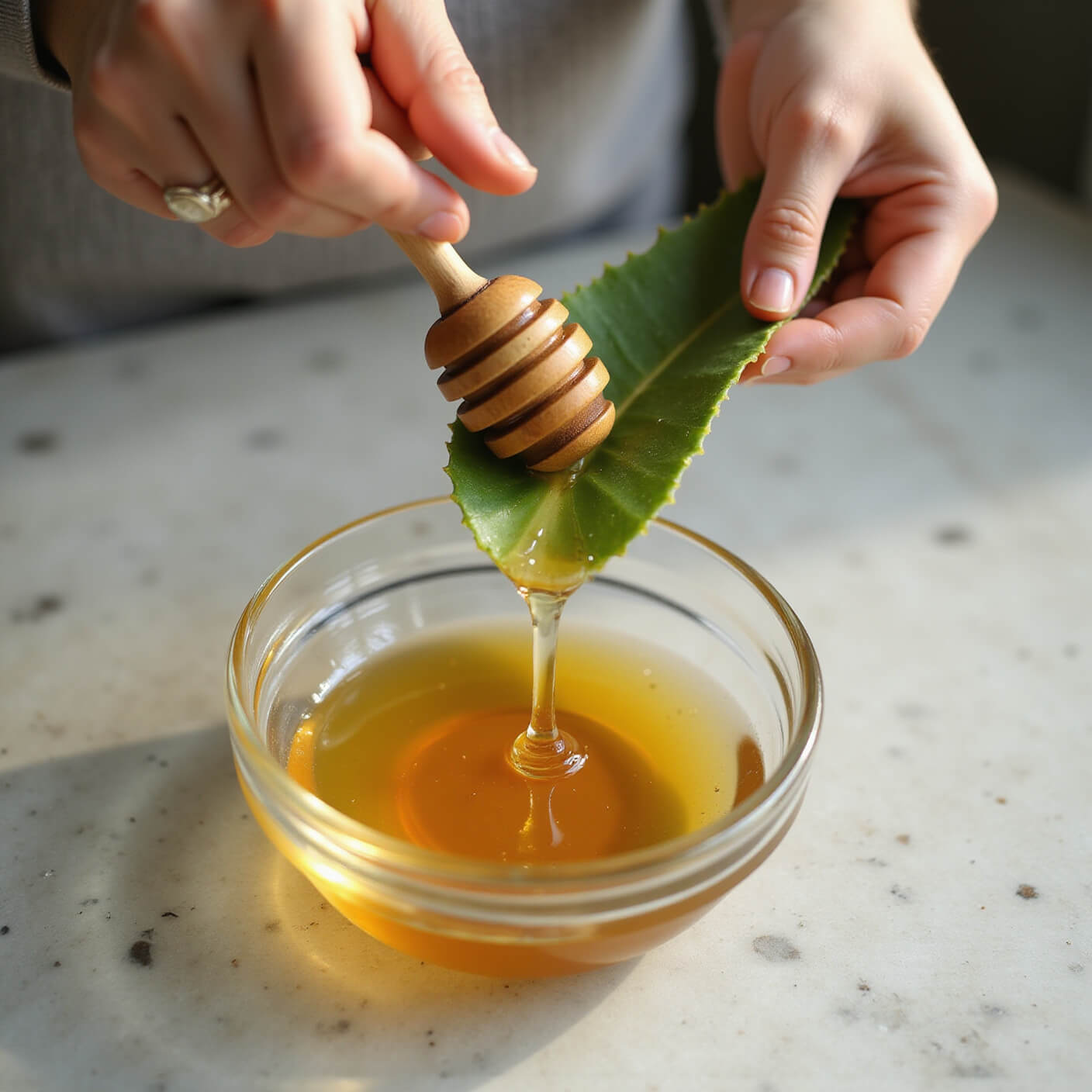 Close-up of hands blending raw honey, aloe vera gel, and essential oils on a granite counter in soft morning light.