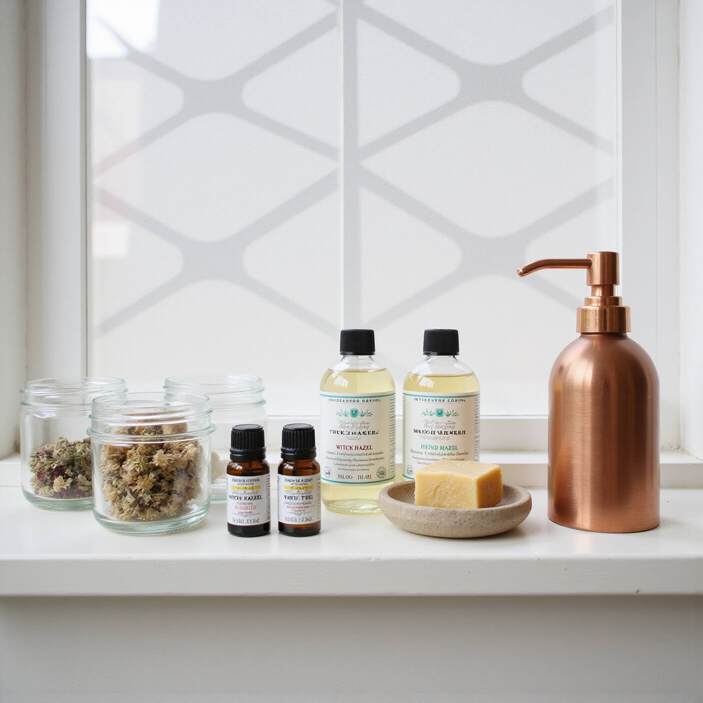 Minimalist bathroom shelf with apothecary bottles, dried herbs in glass jars, handmade soap dish, copper mister, and afternoon light casting geometric shadows.