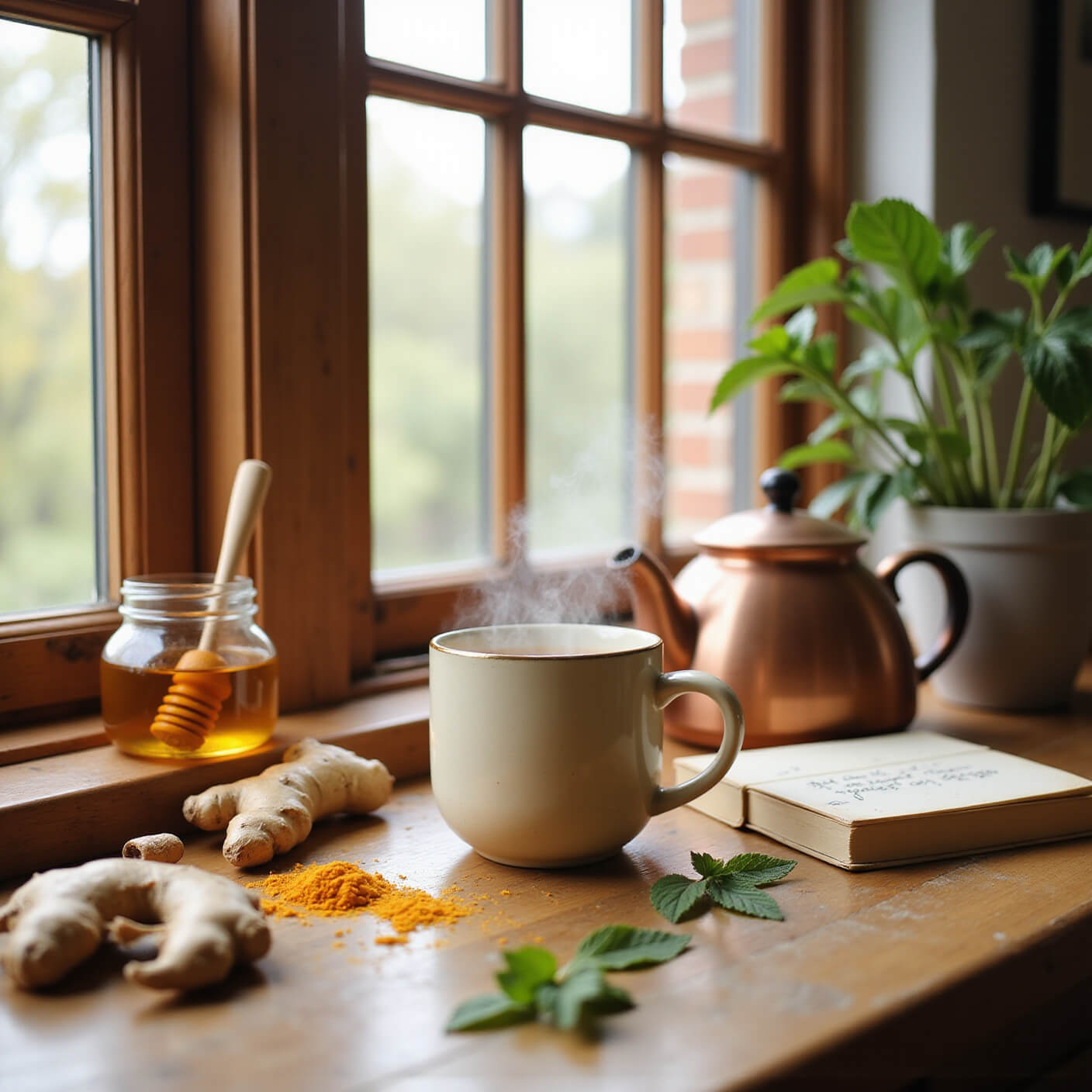 Rustic kitchen with morning light, steaming ceramic mug of ginger tea, copper kettle, fresh ginger, honey jar, scattered herbs, open wellness journal, and a small potted plant on wooden countertop.