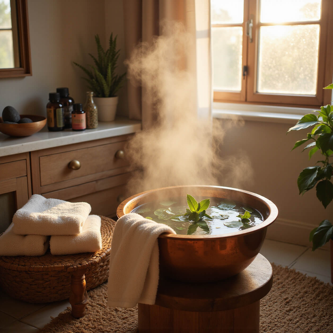Cozy bathroom at golden hour with steam rising from a copper bowl of eucalyptus water, wooden stool with white towel, marble shelf with essential oils and dried herbs, and warm light through a frosted window.