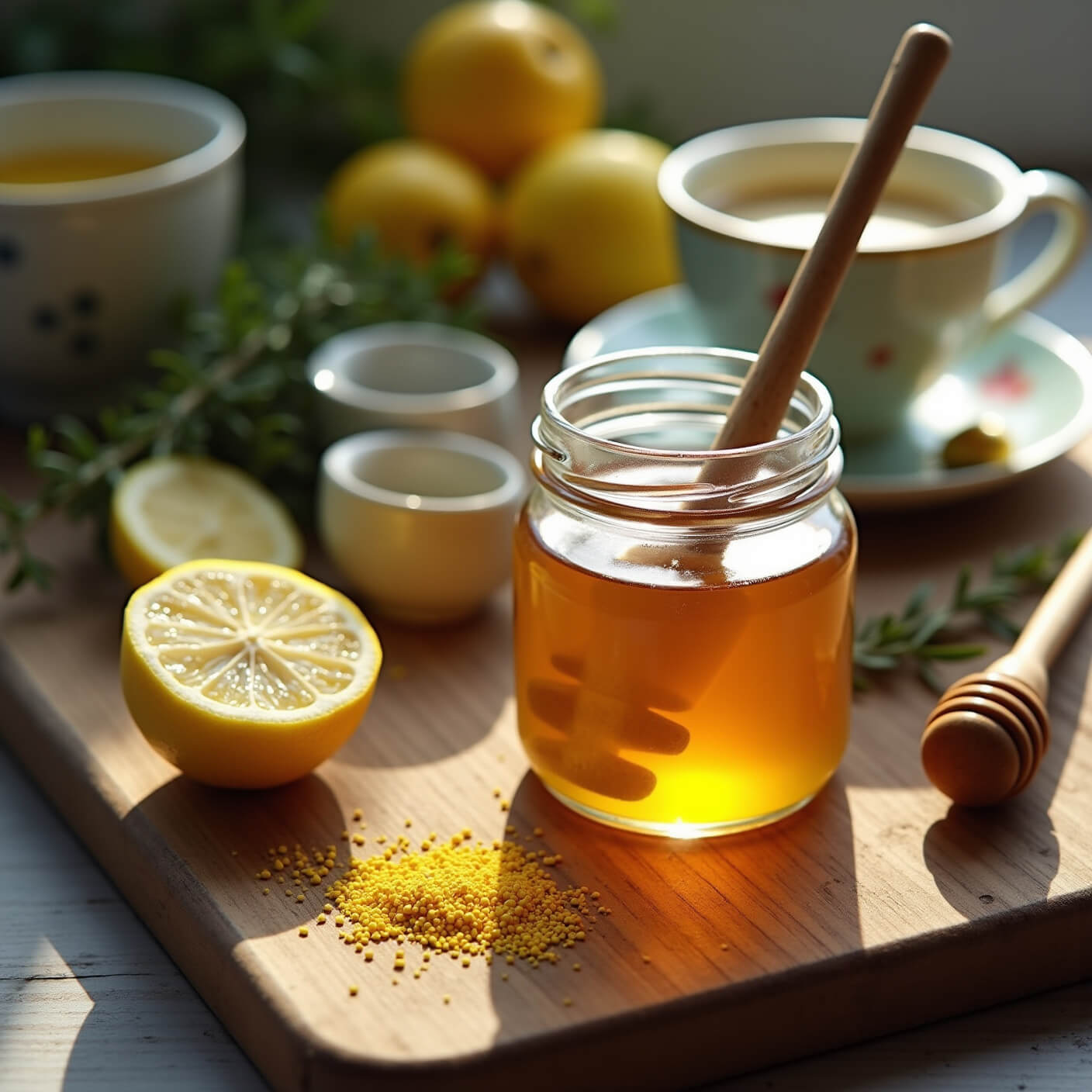 Overhead view of a cozy kitchen scene with a jar of raw honey, lemon slices, a wooden honey dipper, ceramic measuring spoons, a vintage teacup, herbs, and bee pollen on a weathered wooden board.