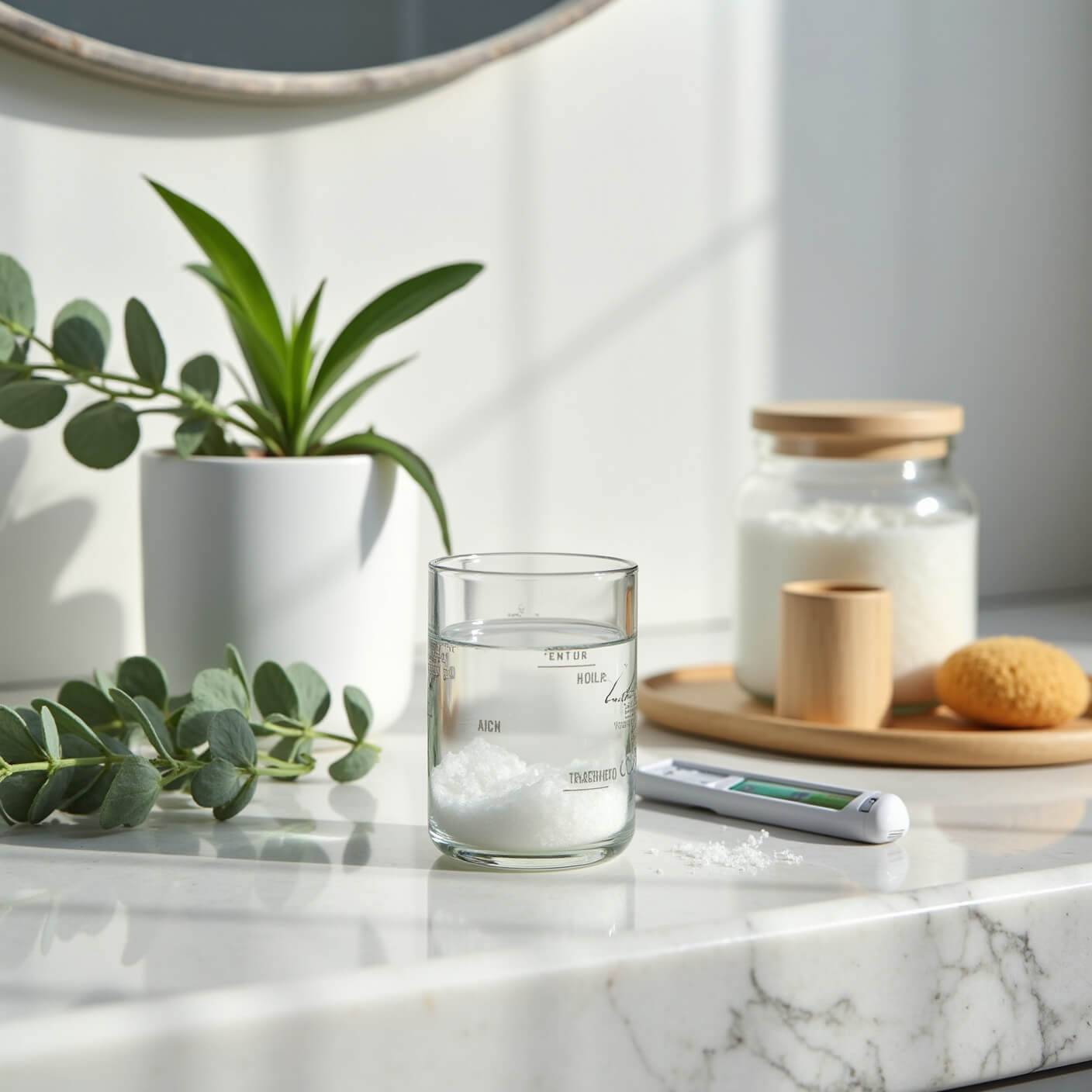 Modern bathroom counter with salt water gargle setup, sea salt jar, eucalyptus sprigs, bamboo cup, natural sponge, thermometer, and timer on white marble surface in soft morning light.