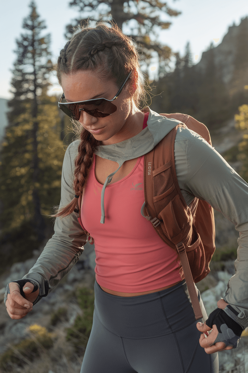 Female hiker in coral tank top, olive technical hoodie, and charcoal leggings on sunlit mountain trail, with earth-toned backpack, french braid, and aviator sunglasses; close-up on quick-dry fabric textures and pine-lined rocky terrain.