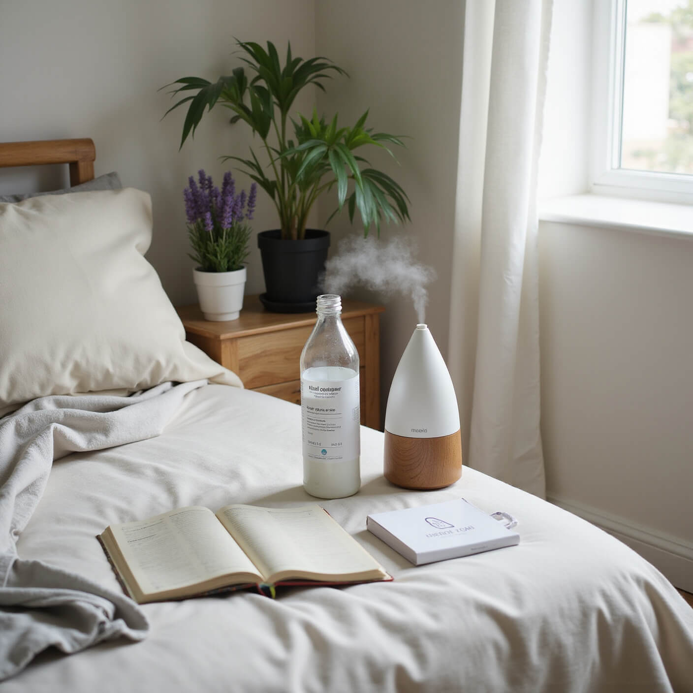 Cozy recovery bedroom with neatly made ivory and gray bed, humidifier misting, water bottle, medication organizer, wellness journal, and calming plants in soft afternoon light.
