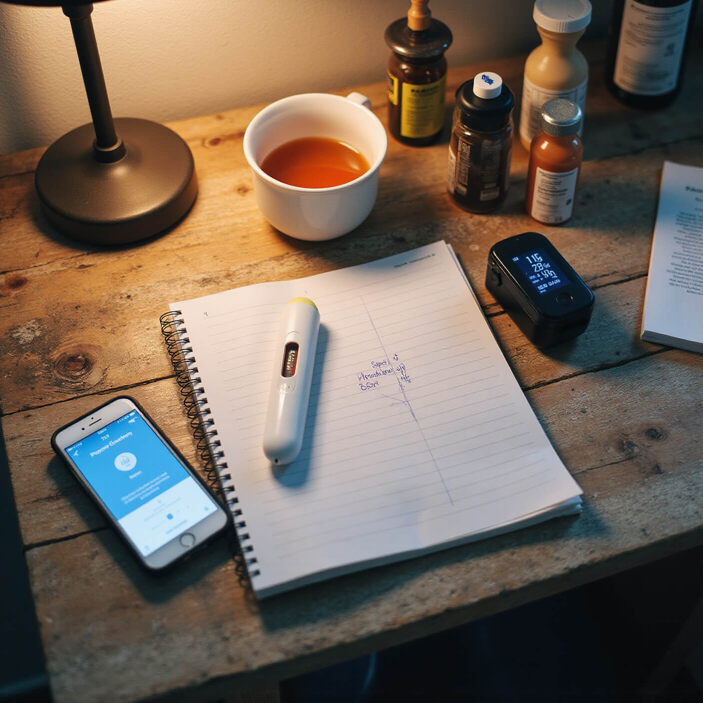 Overhead view of a wellness check station on a weathered wooden desk with a thermometer, symptom notebook, pulse oximeter, smartphone with health app, steaming cup of herbal tea, lamp light, medical books, and prescription bottles neatly arranged.