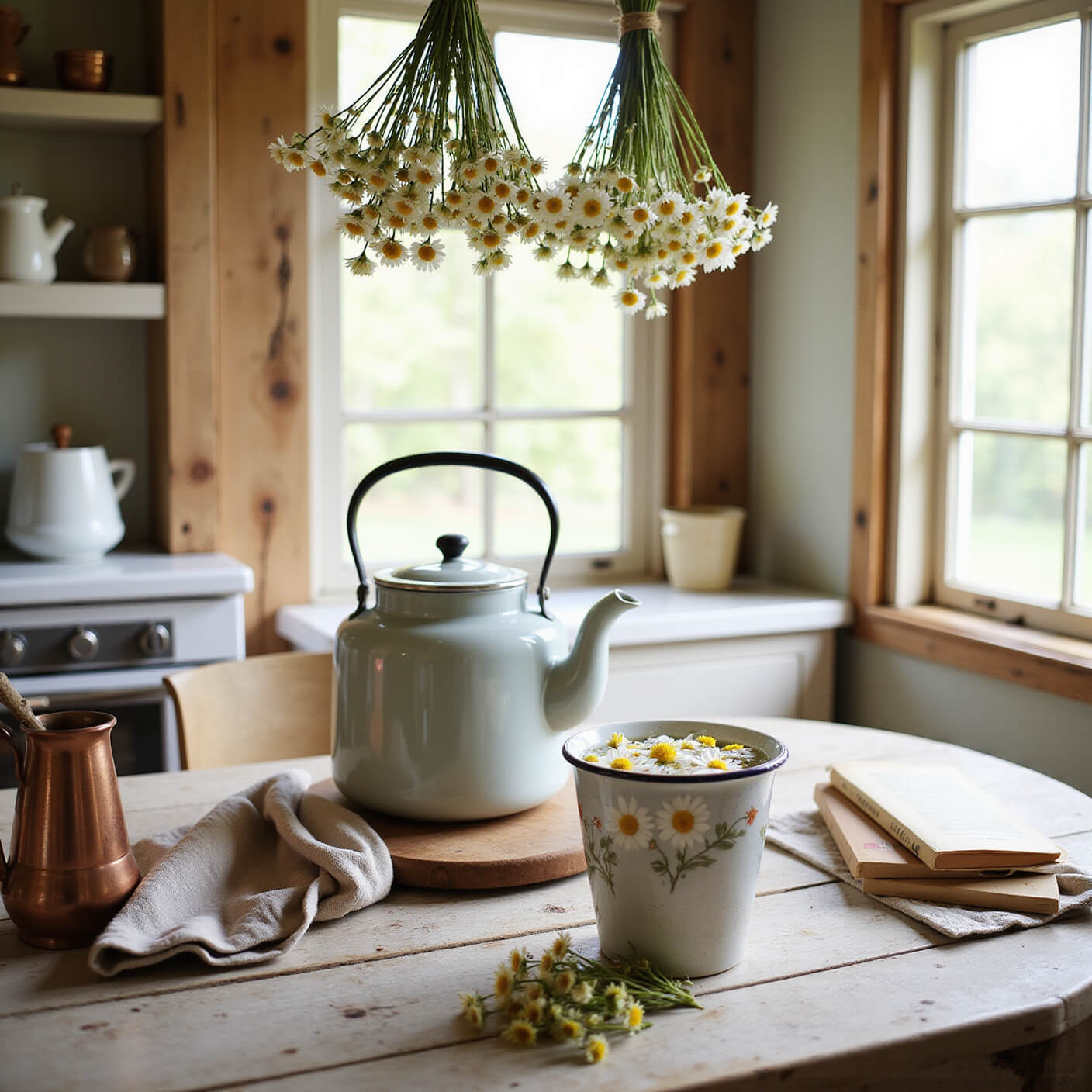 Cozy kitchen nook with steaming enamel kettle, chamomile flower tea in a ceramic mug, dried chamomile bouquets hanging from wooden beams, and rustic farmhouse table with honey pot, tea towels, and recipe book in warm brown, cream, and yellow tones.