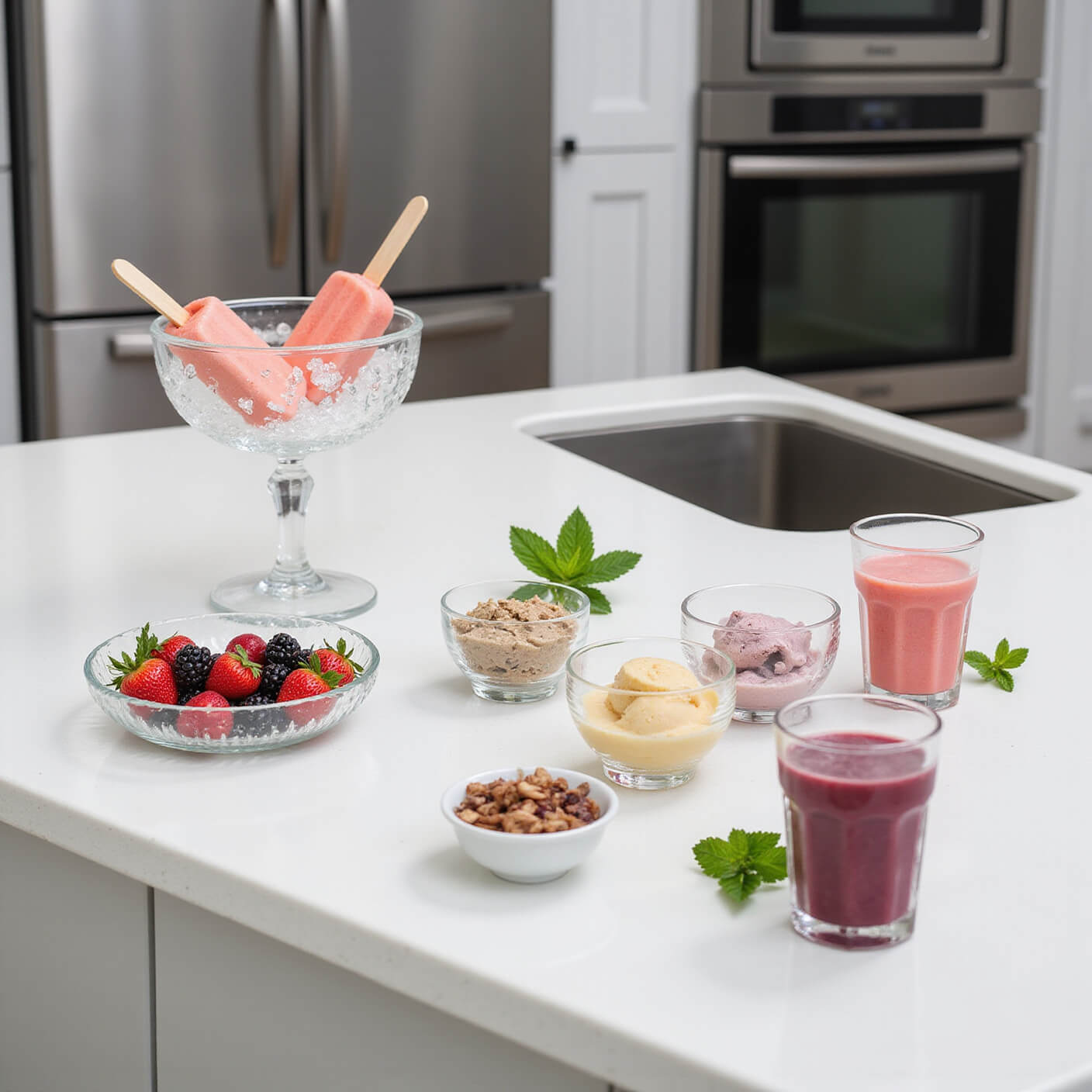 Overhead view of a bright kitchen island with artisan popsicles in an ice bowl, glass dishes of premium ice cream, frosted smoothie glasses, and fresh mint and berries on reflective stainless steel surfaces.