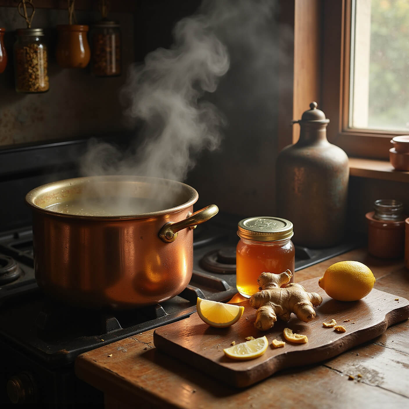 Copper pot of ginger tea simmering on vintage stove, with fresh ginger, honey jar, and lemon wedges on dark wooden cutting board, steam rising in warm afternoon light, surrounded by spice jars and hanging dried herbs.