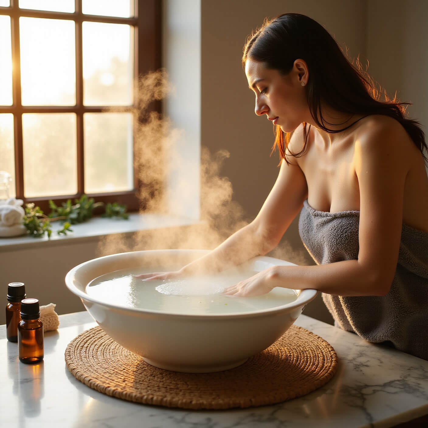 Person draped in gray towel inhaling steam from a white bowl on bamboo mat during golden hour, with eucalyptus oil droplets, wellness items, and sunlight highlighting vapor in a serene bathroom.