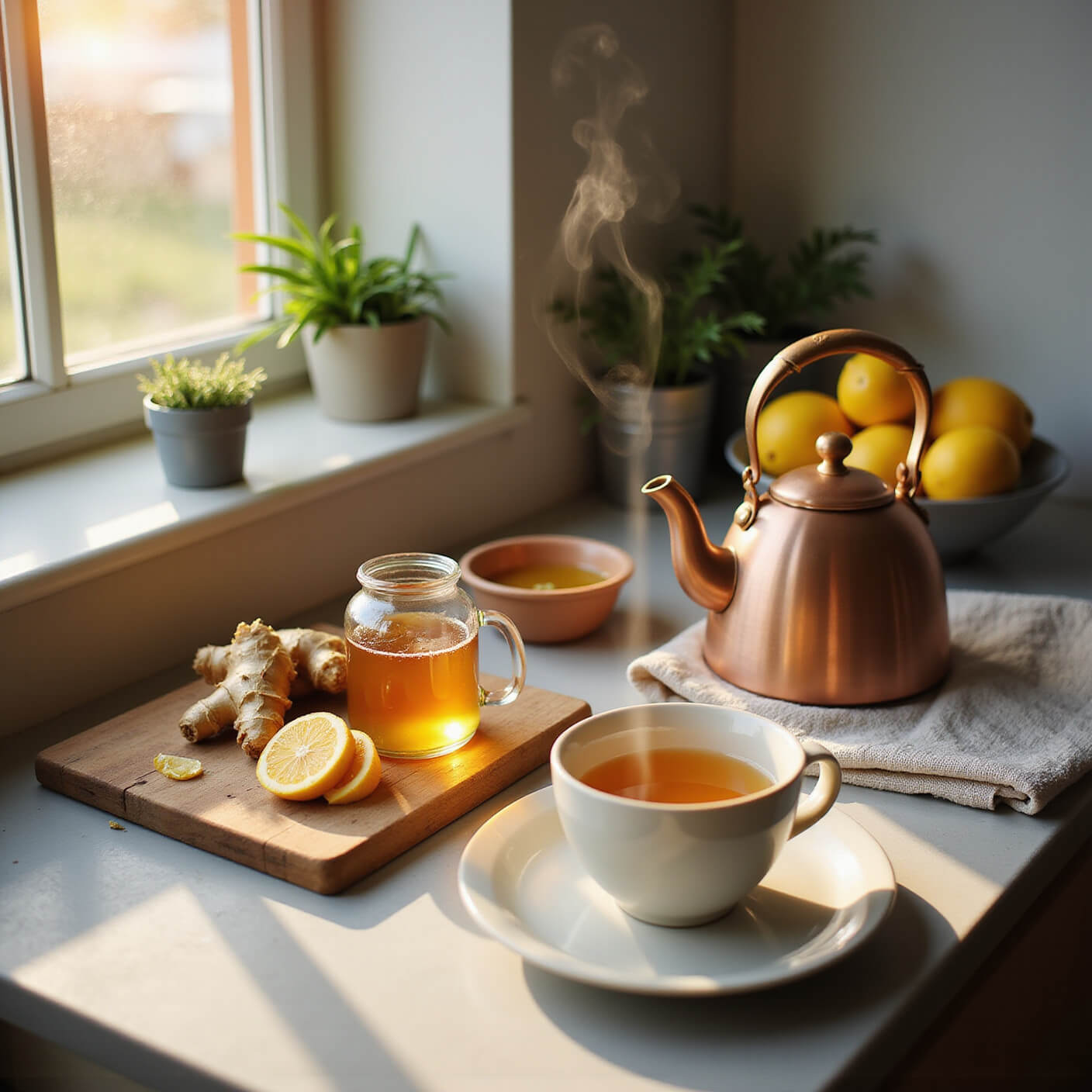 Morning light illuminates a kitchen counter with steaming copper kettle, raw honey jar, fresh ginger, lemons, ceramic mug of tea, potted herbs, and linen tea towel; 45-degree overhead view highlights steam and honey drizzle.