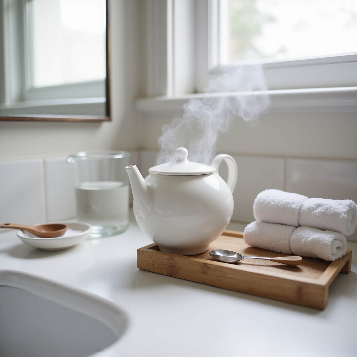 Minimalist bathroom counter with a white ceramic neti pot, glass pitcher of distilled water, porcelain dish of salt, rolled towels on a bamboo tray, and subtle steam rising, captured in morning light with macro focus on water droplets and salt crystals.