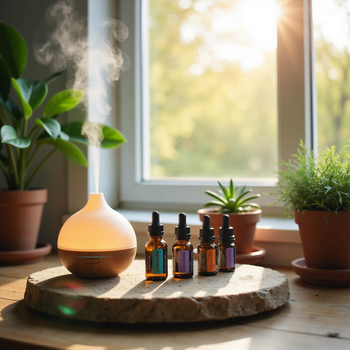 Essential oil diffuser emitting mist on a stone tray with amber bottles, surrounded by potted plants in soft afternoon light.
