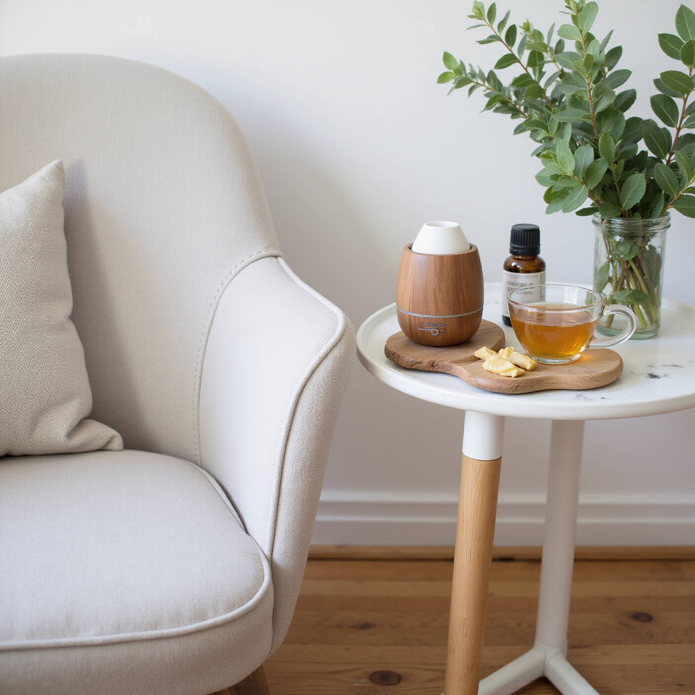 Wellness-themed living room corner with linen chair, modern side table displaying steam inhaler, diffuser, tea, and eucalyptus branches under soft afternoon light.