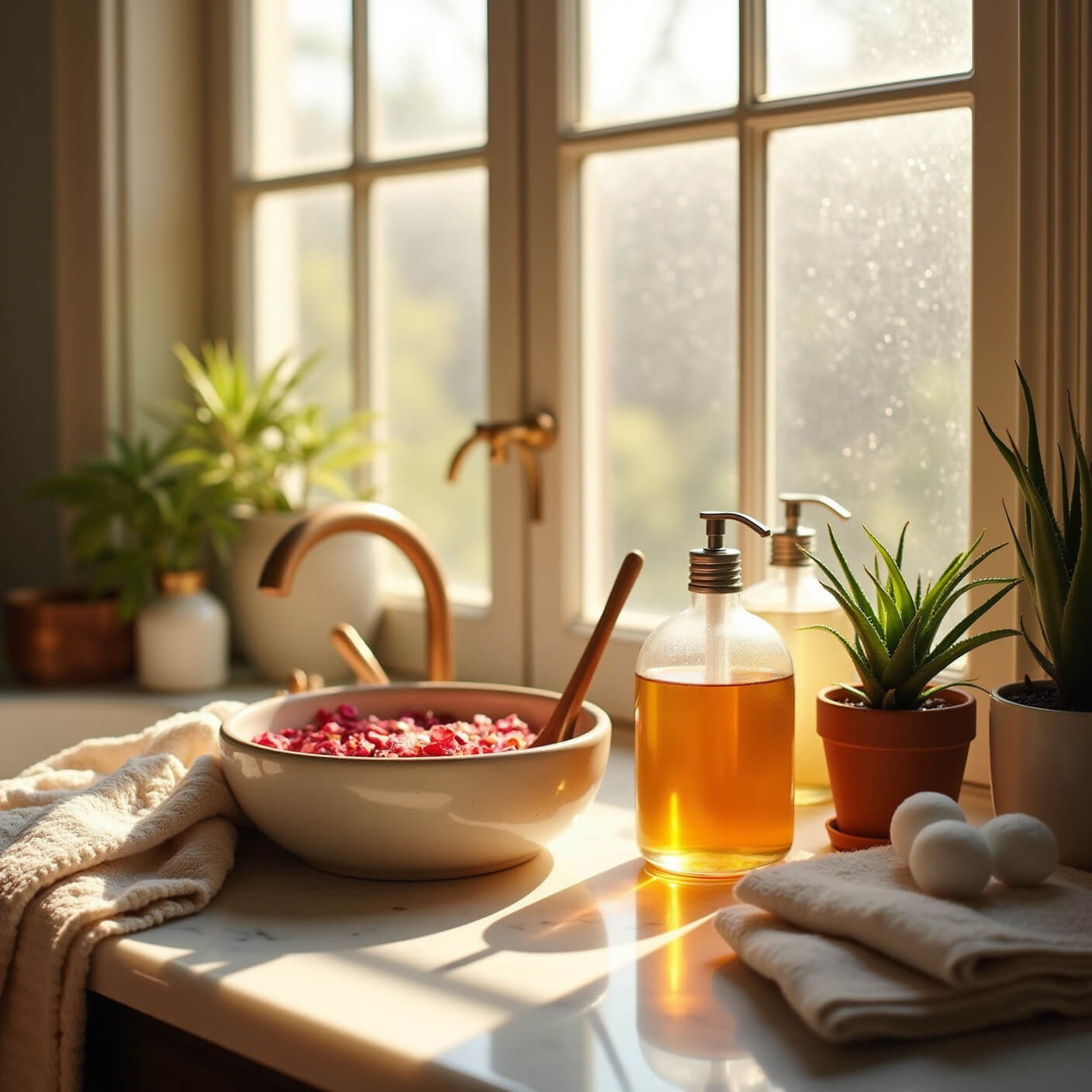 Sunlit bathroom vanity at golden hour with a ceramic bowl of raw honey and rose petals, soft linen towels, glass jars of rose water and green tea toner, a marble counter with wooden spoons and cotton balls, fresh botanicals, and potted aloe vera, creating a dreamy, spa-like atmosphere.