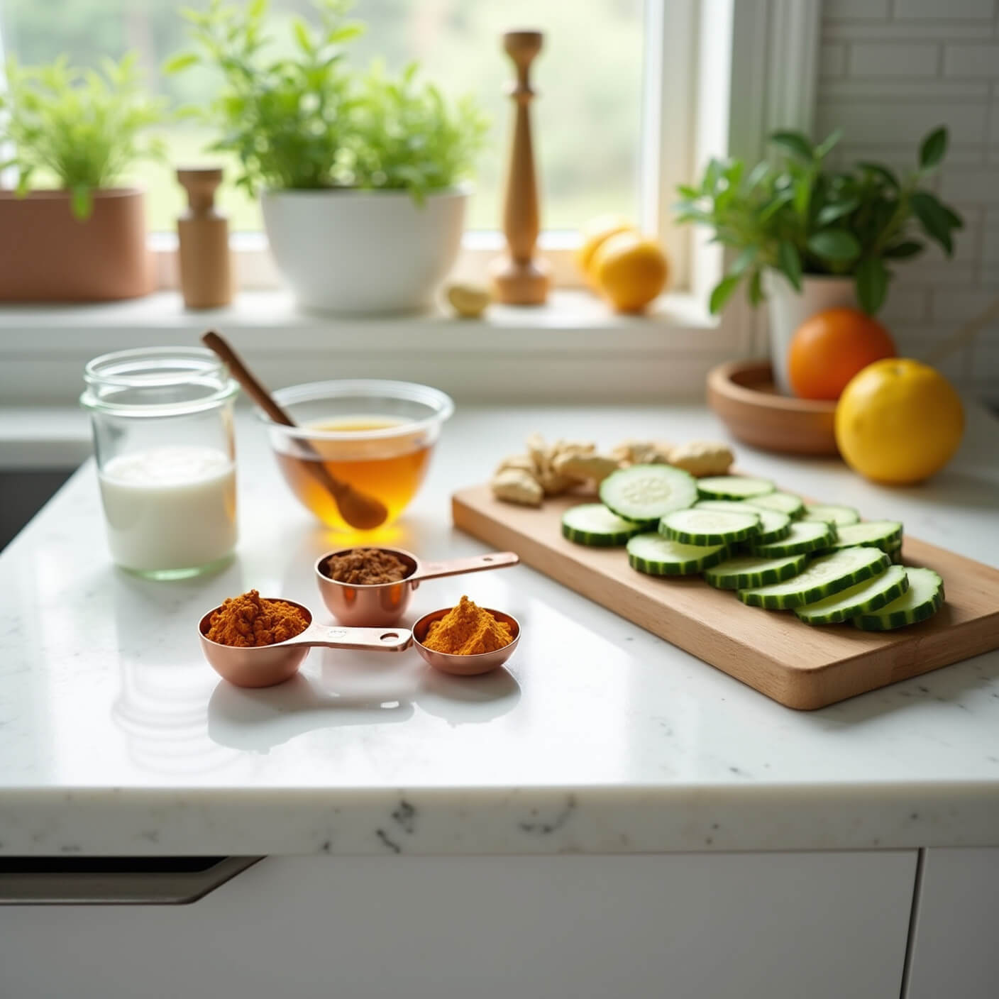 Bright kitchen scene with marble counter displaying turmeric, yogurt, and honey in copper spoons, glass bowls, wooden tools, fresh citrus, and sliced cucumber on a wooden board; herb garden visible through window.