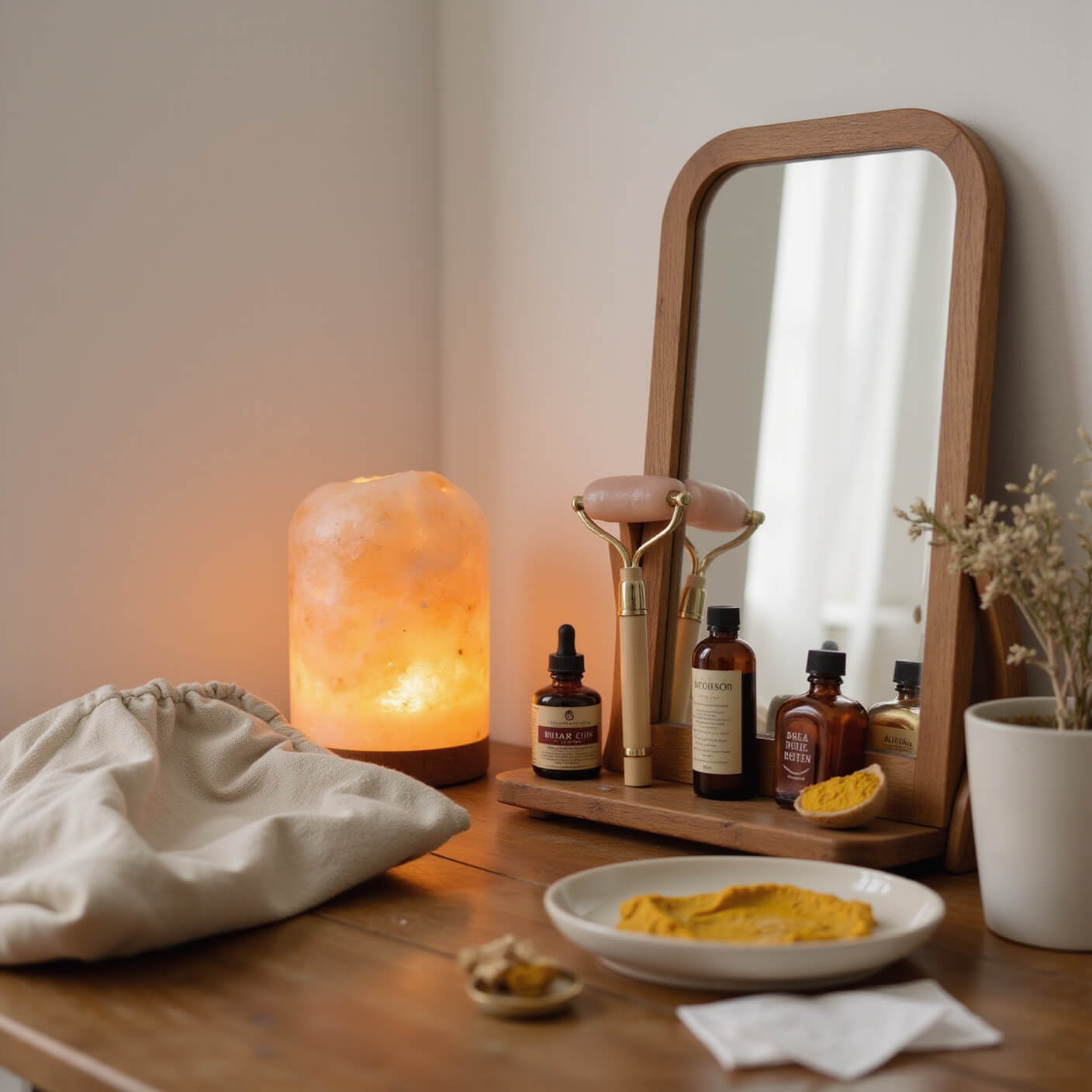 Minimalist bedroom corner with warm Himalayan salt lamp lighting, teak vanity displaying facial oils, crystal roller, bamboo tools, linen bag with cotton rounds, and ceramic dish with turmeric mask.