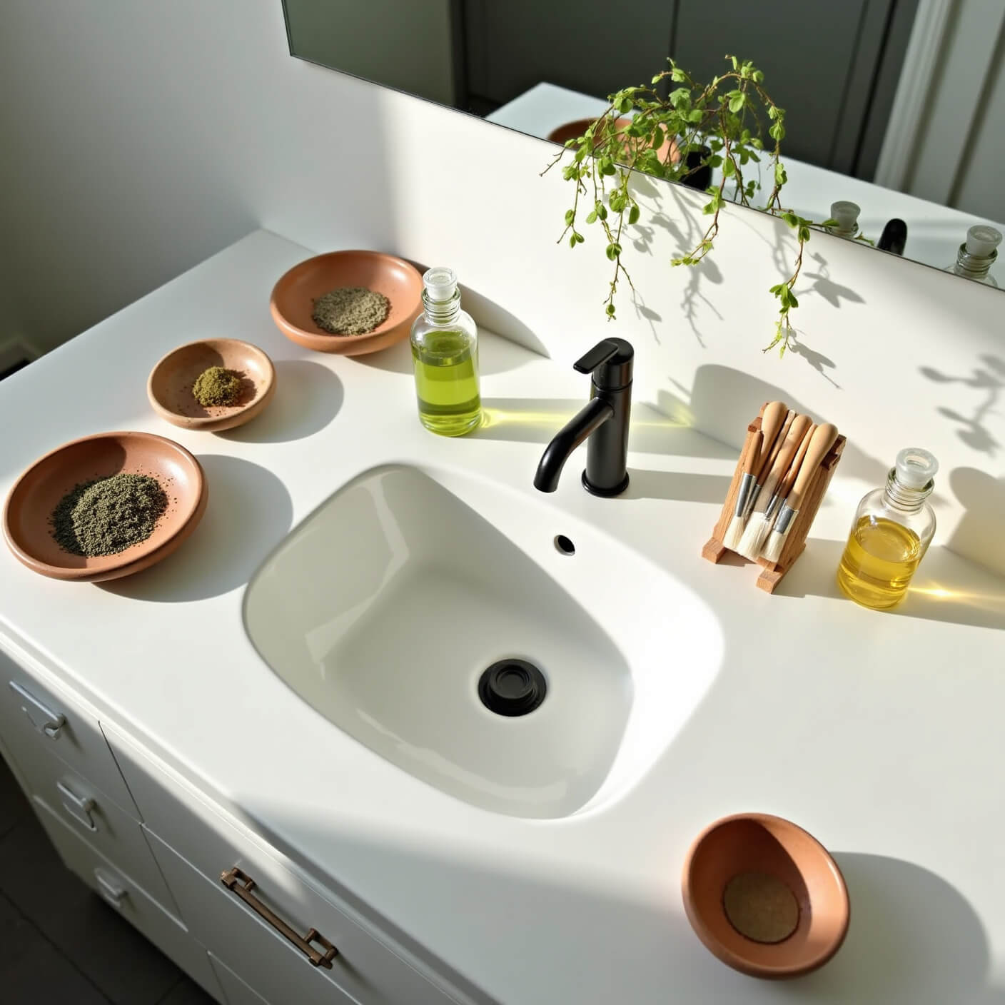 Modern bathroom counter in cool morning light with skincare setup: clear glass containers of rose water and botanical infusions, facial brushes drying on bamboo rack, handmade face masks in earthenware bowls, and trailing plants.