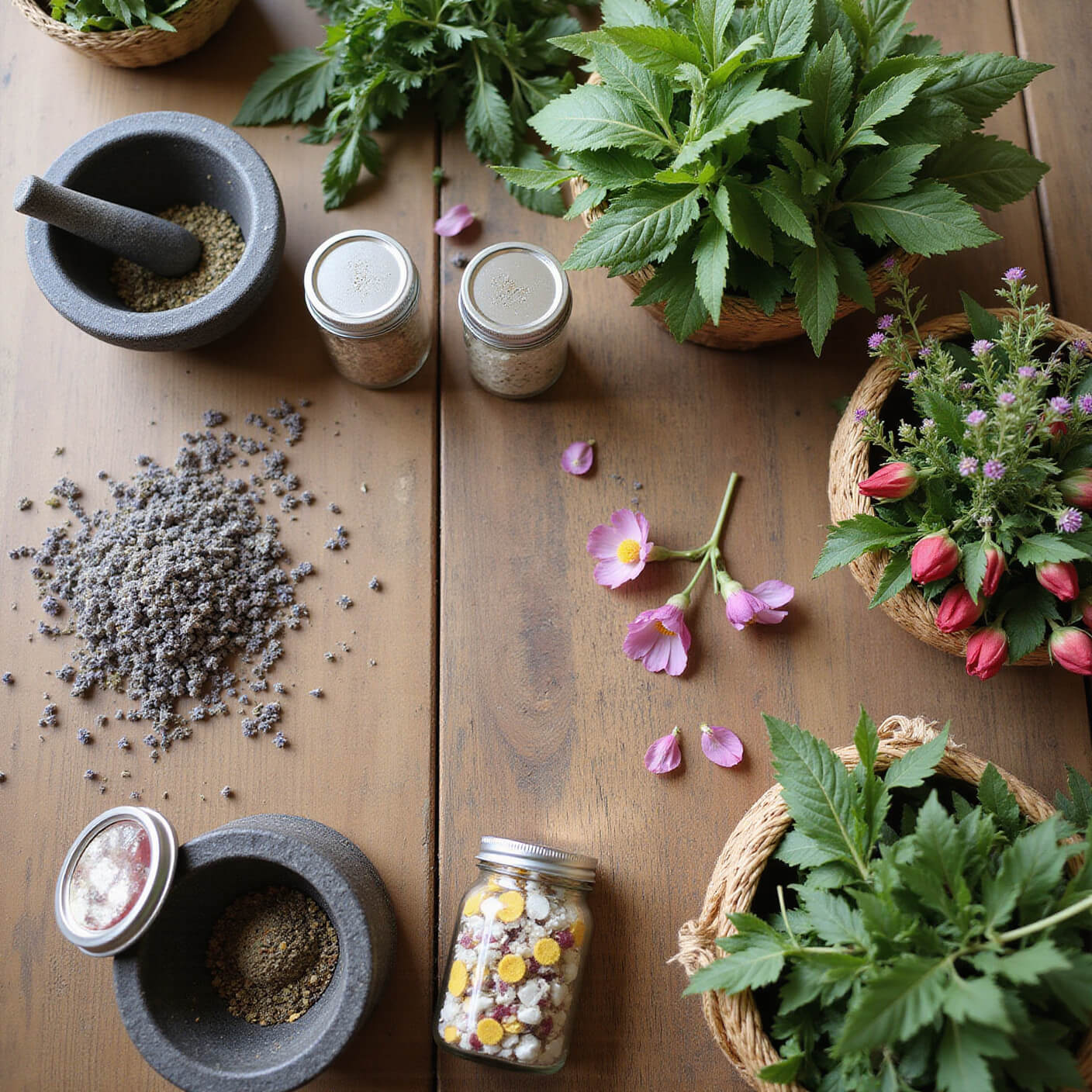 Overhead view of a sunlit vintage wooden table with fresh herbs, flowers, dried botanicals in mason jars, a mortar and pestle, and woven baskets of seasonal produce for natural skincare preparation.