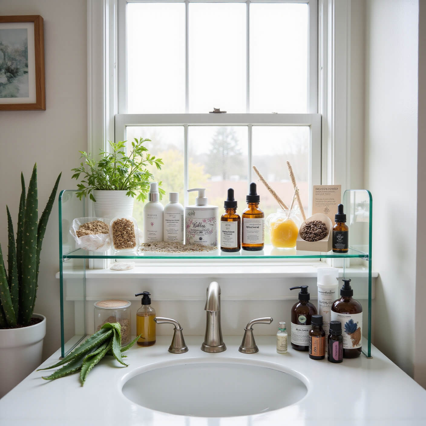Bright, sunlit vanity with glass shelves displaying seasonal skincare products; winter hydrators and summer essentials organized with dried botanicals, crystal tools, aloe plant, witch hazel toner, and amber essential oil bottles.