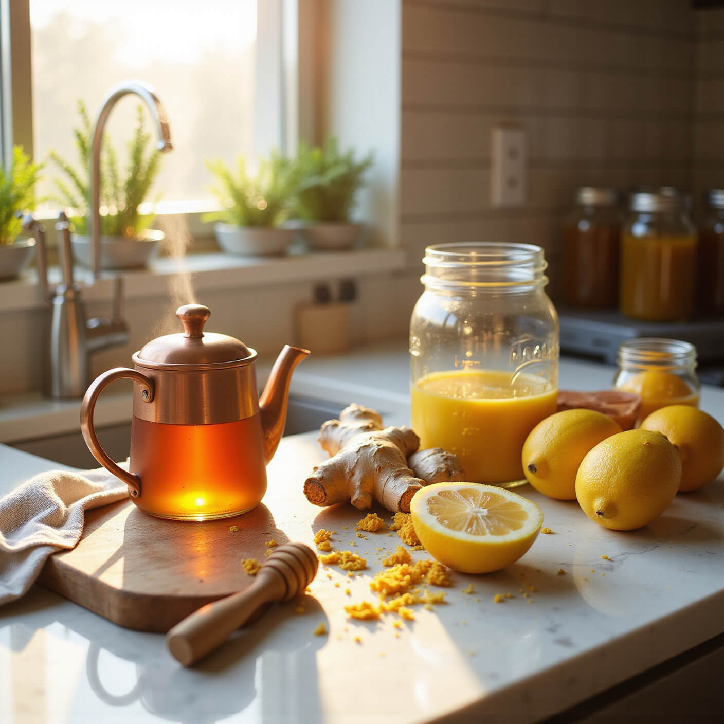 Sunlit modern kitchen at golden hour with marble countertop displaying ginger, turmeric, honey, and lemons; copper kettle steaming, glass jars of wellness shots, and a herb-lined window in the background.