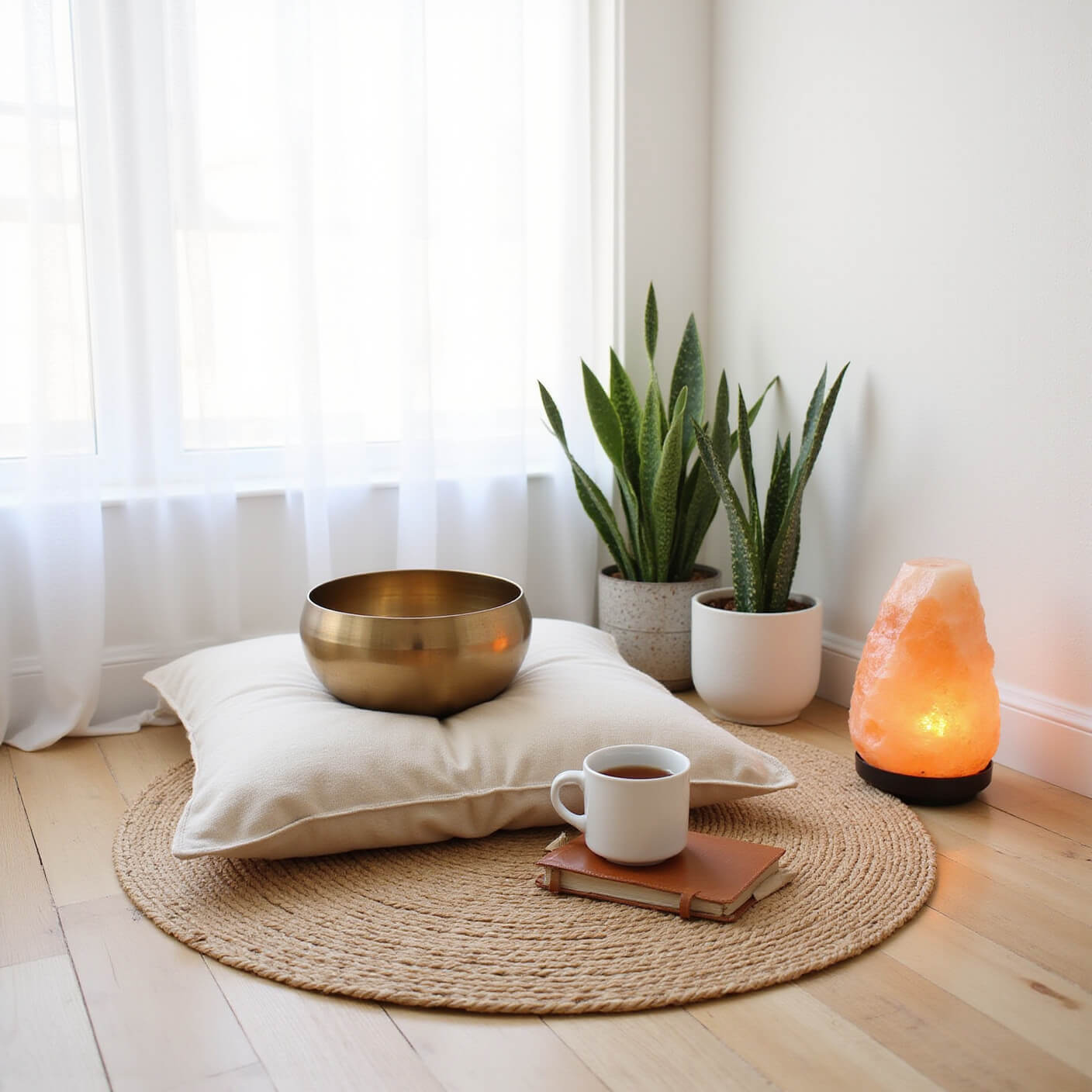 Minimalist meditation corner with cushion on jute rug, surrounded by a singing bowl, journal, mug of tea, snake plants, and a glowing salt lamp in soft morning light.
