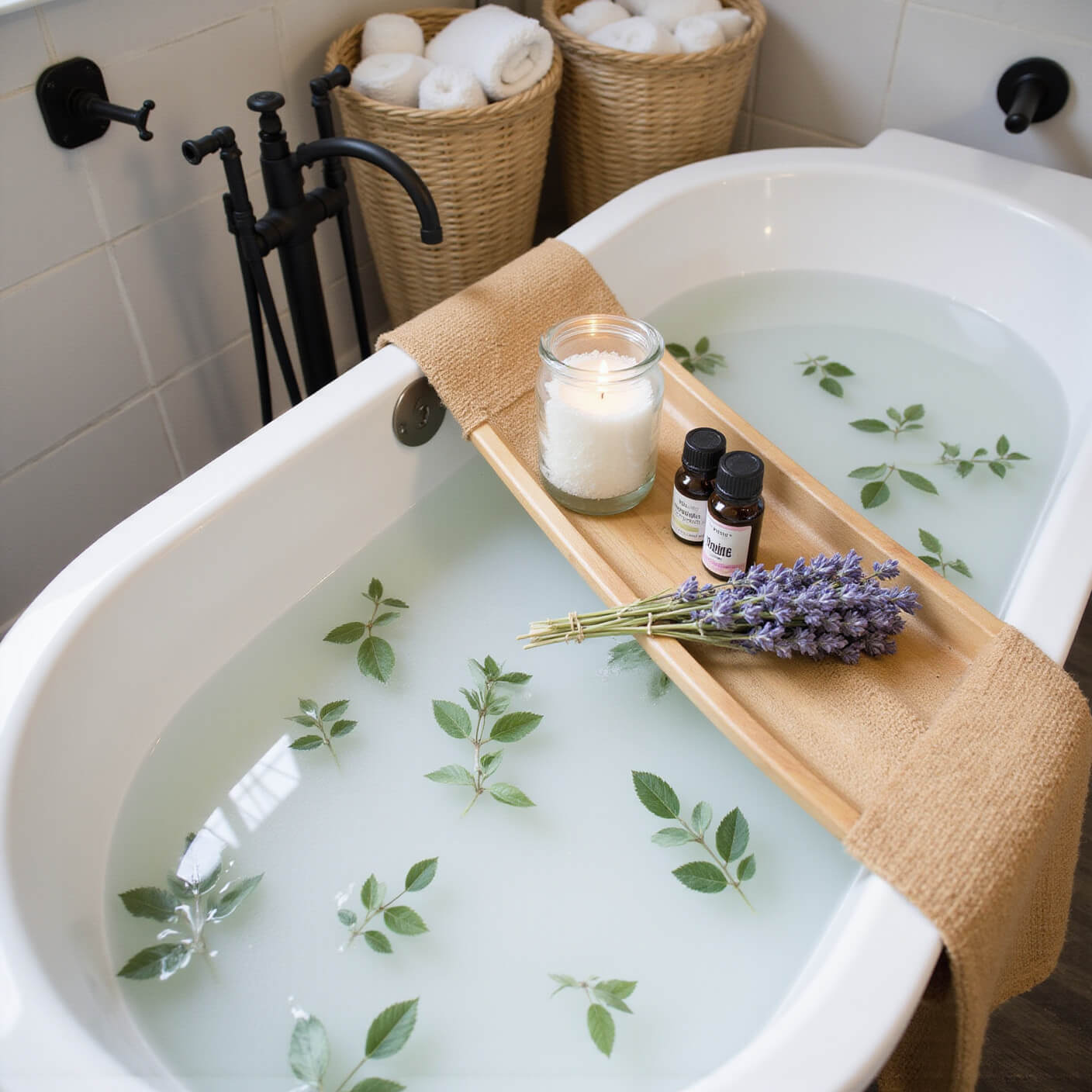 Steamy spa-like bathroom with a white freestanding tub, eucalyptus leaves, marble tiles, matte black fixtures, and a wooden caddy holding essential oils, dried lavender, and a lit soy candle.