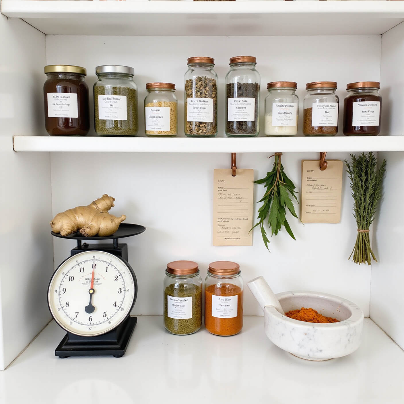 Bright farmhouse kitchen with open shelves of labeled herbal jars, a vintage scale holding ginger, a marble mortar and pestle with turmeric, handwritten recipe cards, and hanging dried herbs.