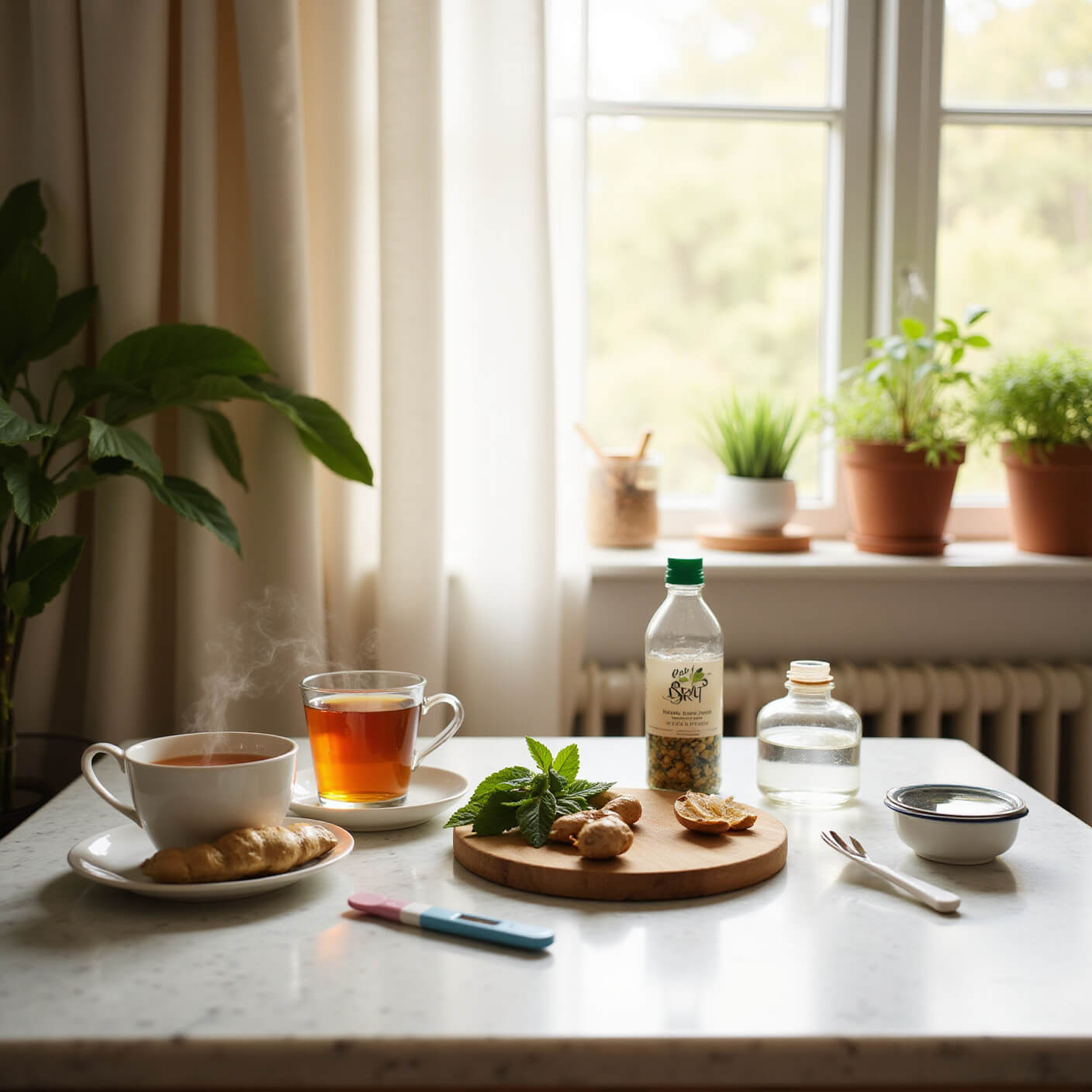Serene home wellness station at sunrise with marble counter, ginger tea, natural remedies, BRAT diet foods in glass containers, thermometer, water bottle, and potted herbs.