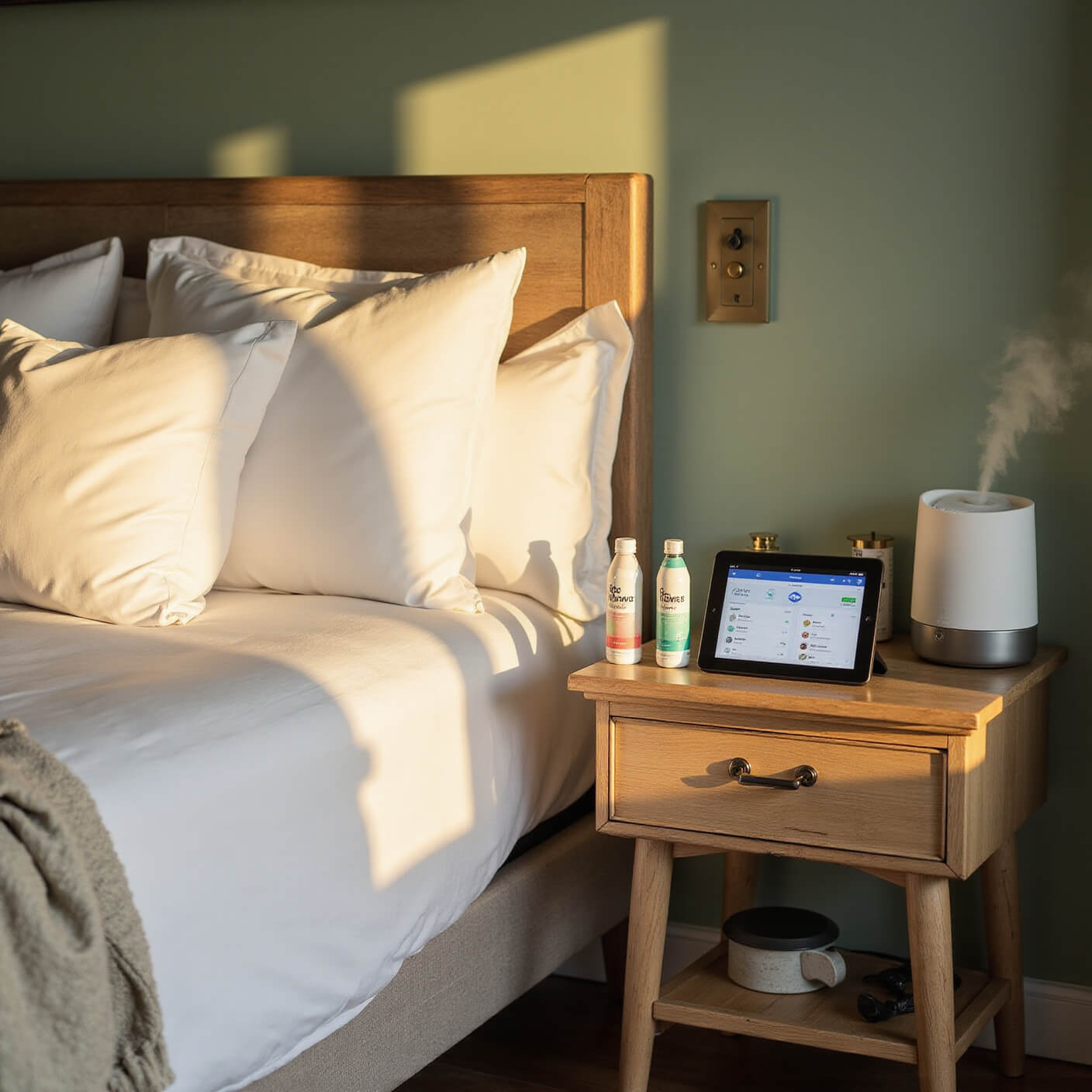 Cozy golden-hour bedroom with plush white bed, fluffed pillows, oak bedside table holding water bottle, electrolyte drinks, digital tablet with health apps, and ultrasonic humidifier; sage green walls and soft throw blankets.