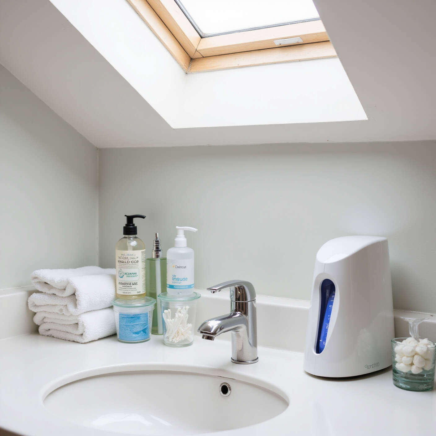 Minimalist bathroom counter with white sink, modern fixtures, wellness essentials, and natural midday light from skylight.