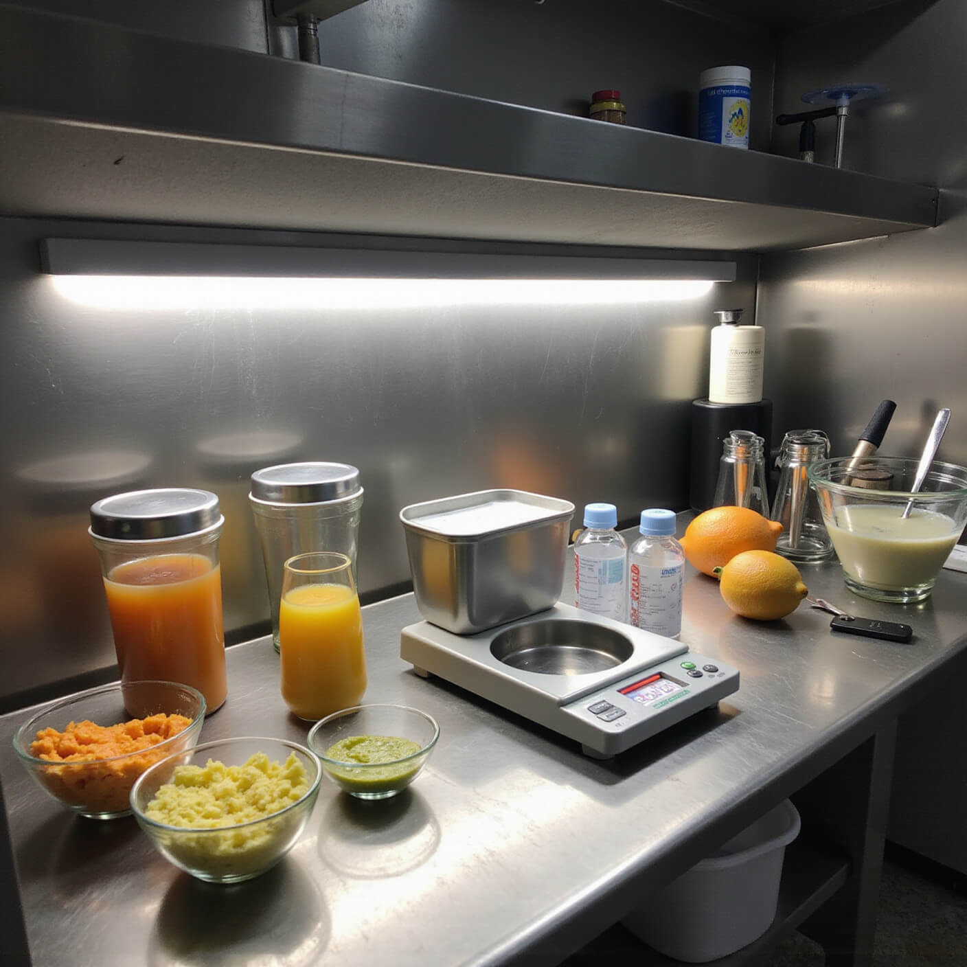 Professional kitchen scene with stainless steel counter displaying broths in glass containers, fresh citrus fruits, oral rehydration solutions, and organized utensils under bright track lighting.
