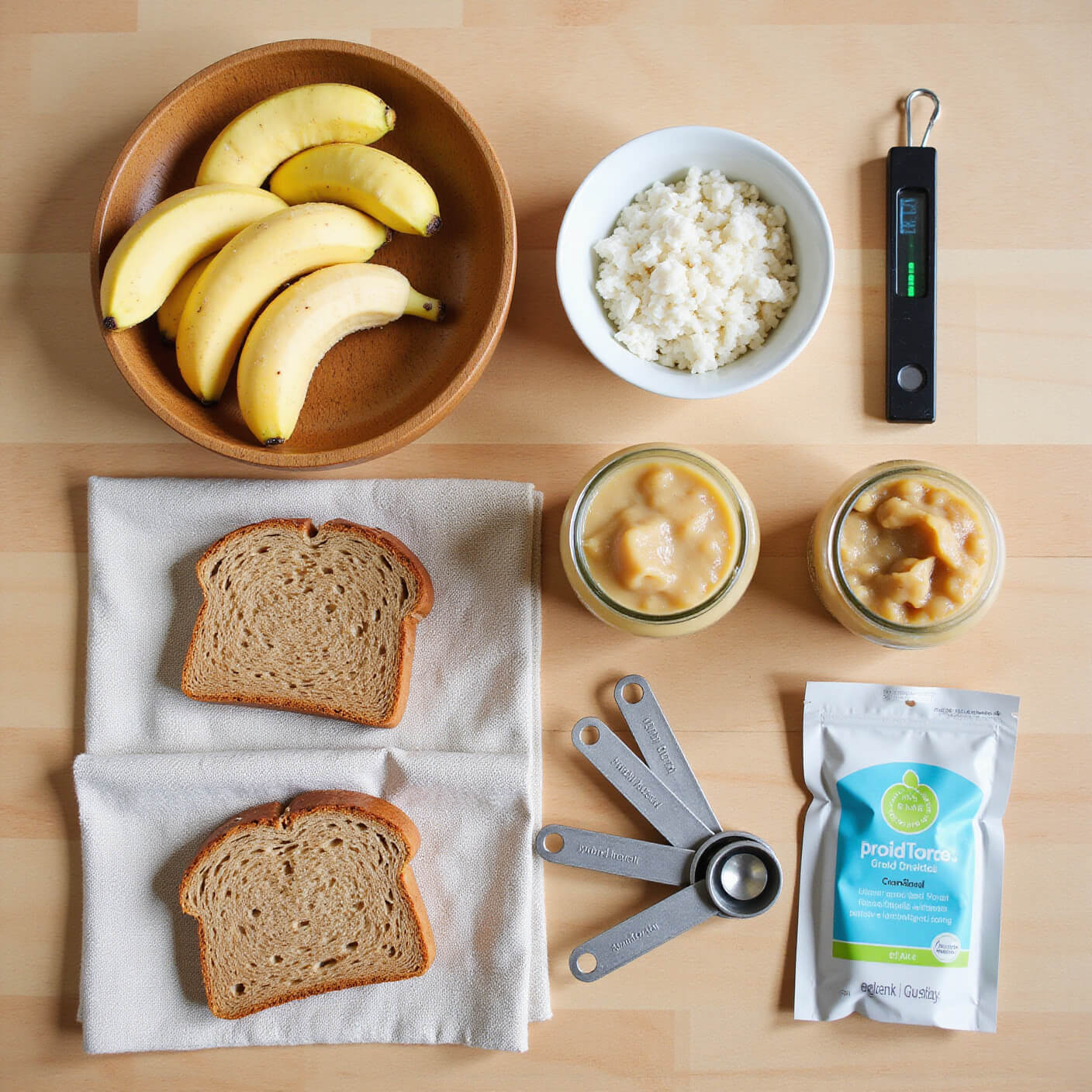 Overhead view of a mindful meal prep setup with sliced bananas, steamed rice, applesauce, whole grain toast, measuring cups, a food thermometer, and probiotic supplements on a light oak table in afternoon light.