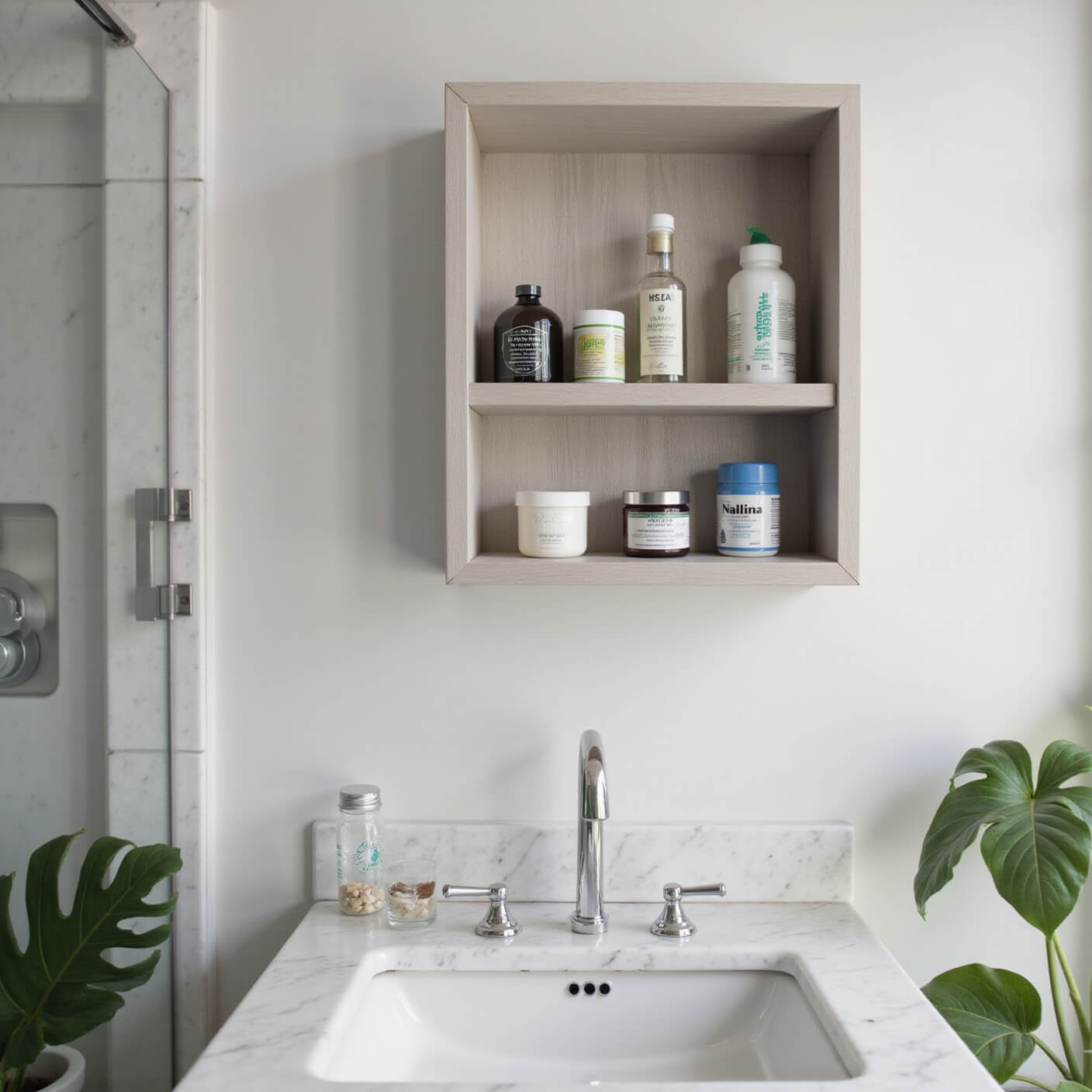 Modern bathroom vanity with organized medicine cabinet essentials, steam from shower, green plants, and natural light on white marble surface.