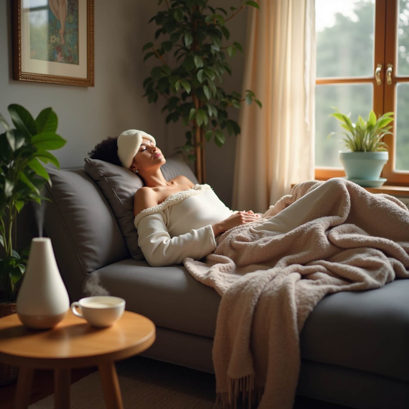 Person relaxing on gray chaise lounge with warm compress on face, surrounded by cozy blankets, indoor plants, herbal tea, and essential oil diffuser in golden late afternoon light.