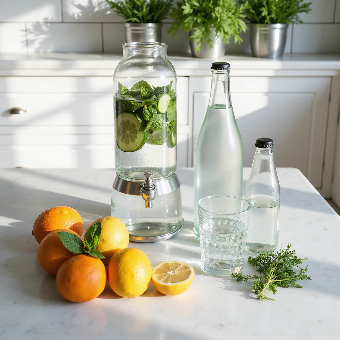 Flat-lay of bright kitchen hydration station with glass water dispenser, citrus fruits, glass bottles, and herbs on sunlit marble countertop.