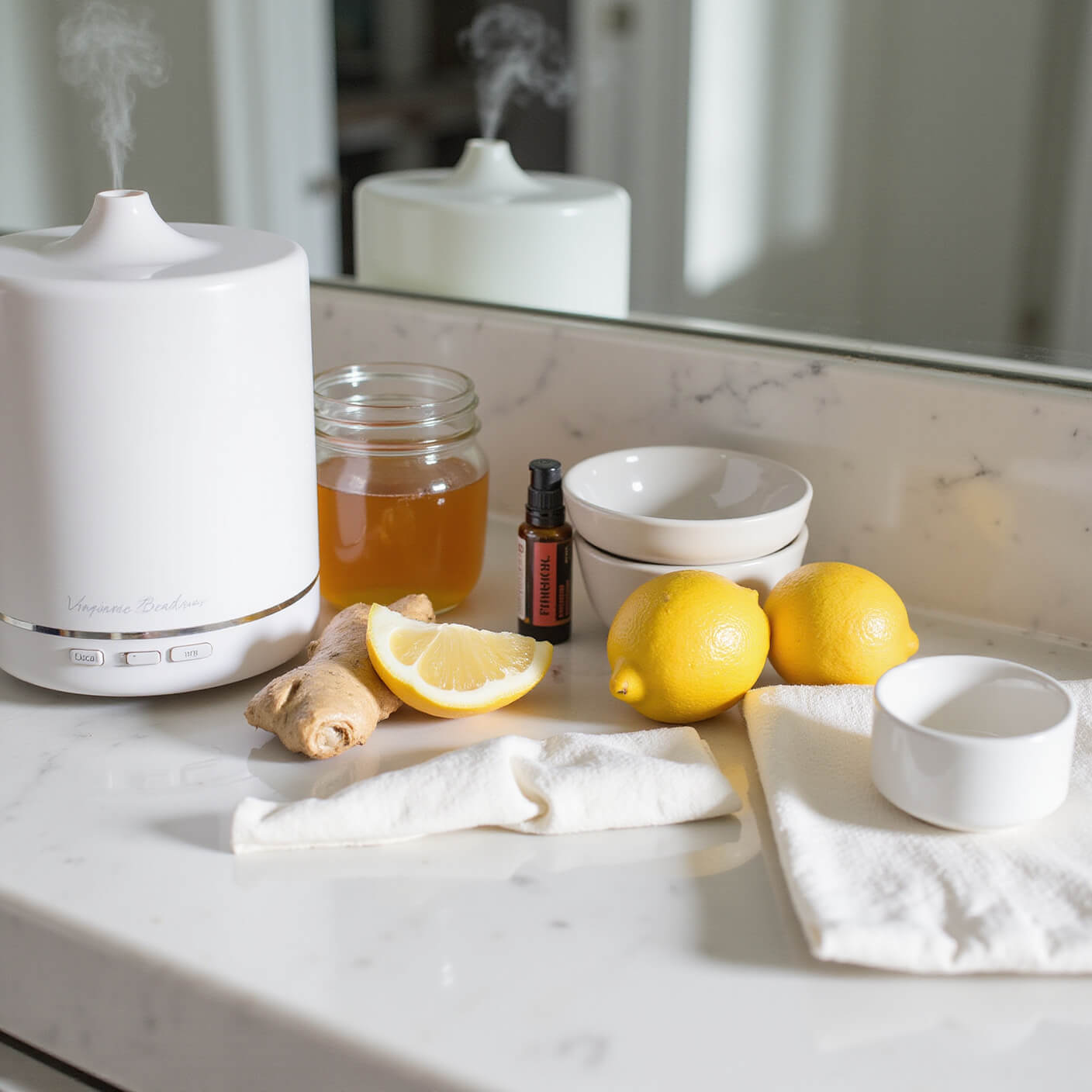 Close-up of a spa-style bathroom counter with eucalyptus mist from a diffuser, honey jar, ginger, lemon slices, eco-friendly tissues, and ceramic tea set on marble surface in soft afternoon light.
