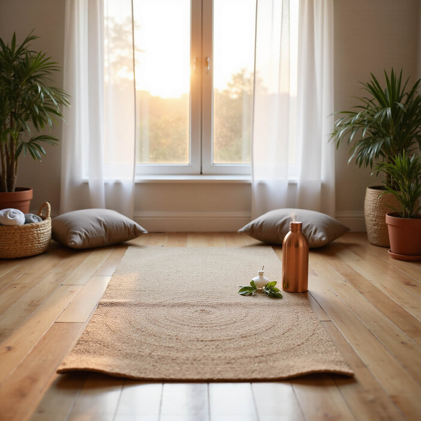 A sunlit home yoga space with a jute mat on light oak floors, surrounded by earth-toned cushions, plants, and mindful wellness items.