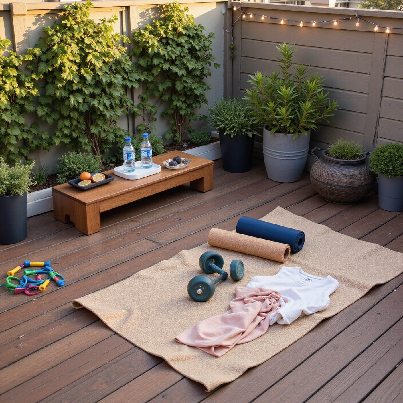 Outdoor workout space on cedar deck with exercise equipment, hydration station, plants, and string lights during golden hour, viewed from above.