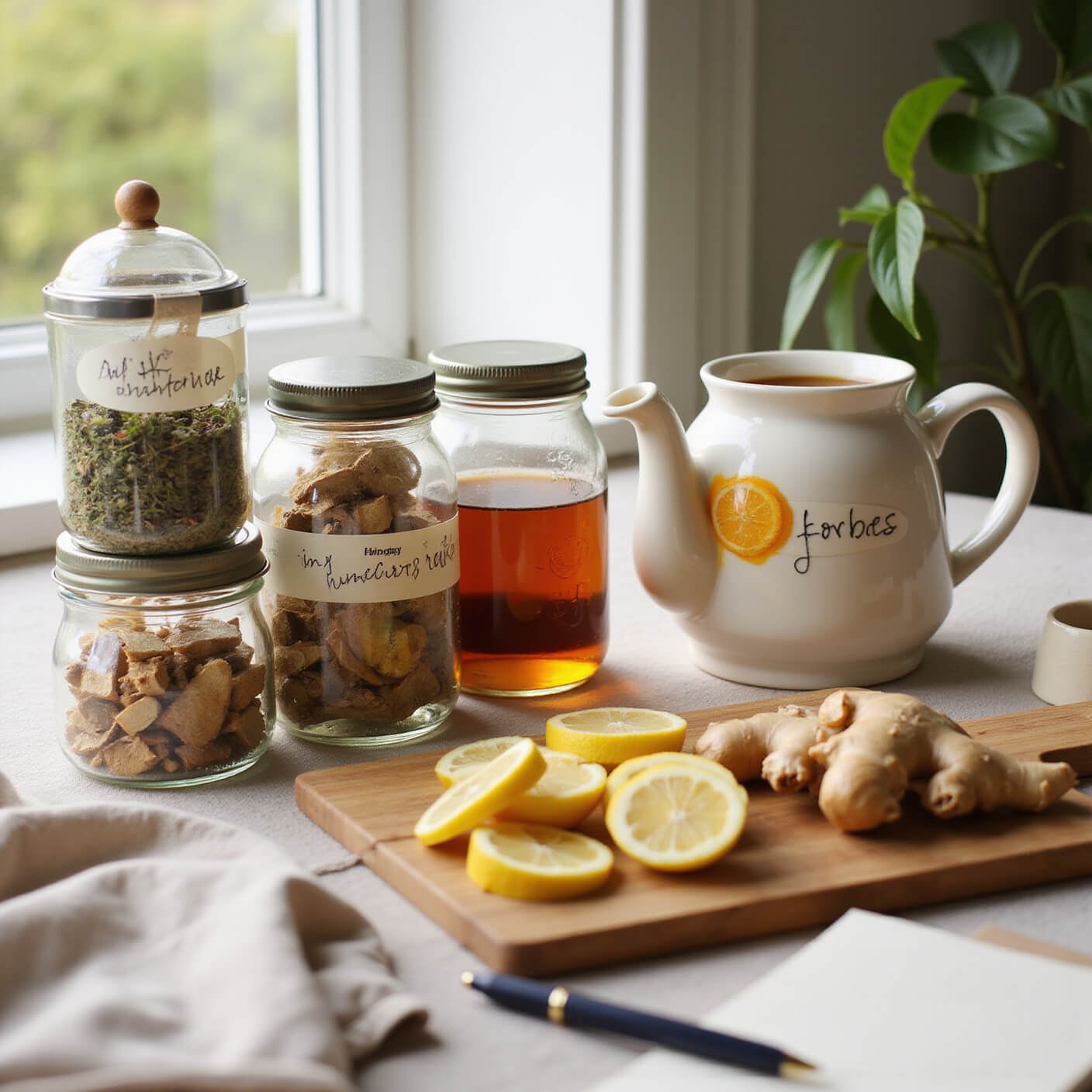 Cozy tea station with ceramic teapot, herbal jars, honey jar, lemon slices, linen towel, and a wellness journal in warm afternoon light.