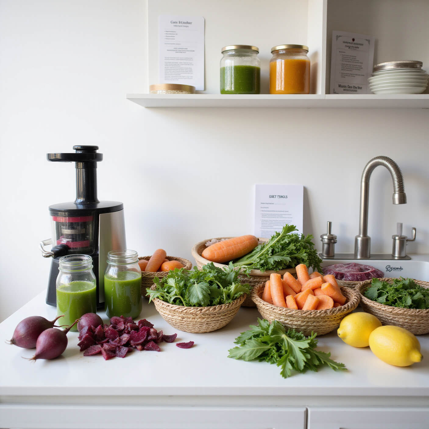 Minimalist home juice bar in morning light with professional juicer, fresh produce baskets, glass jars of green juice, stainless steel tools, and recipe cards visible.