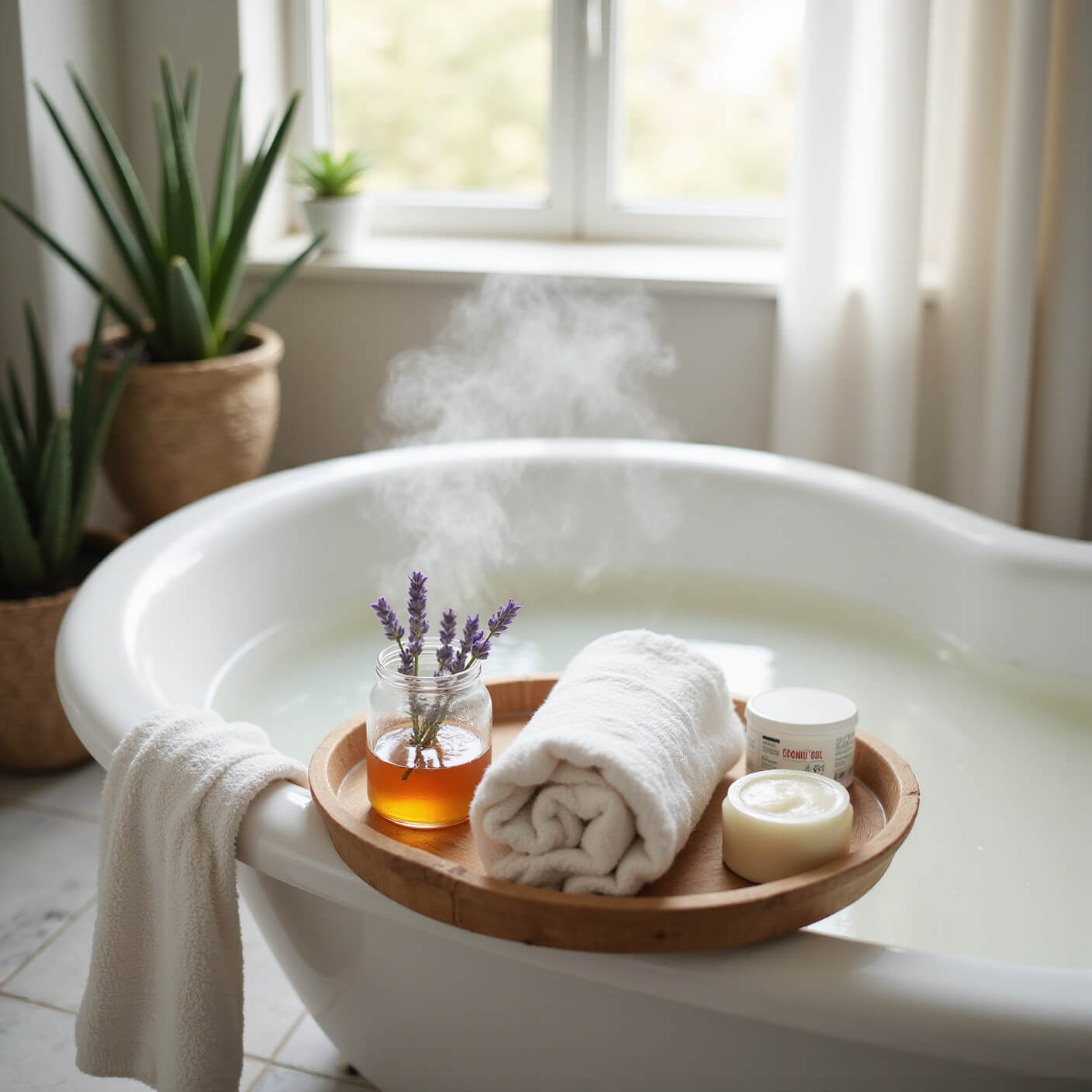 Serene bathroom with a white clawfoot tub of milky water and lavender, bamboo caddy holding apple cider vinegar, sage, towels, and coconut oil, amid marble tiles and aloe plants in soft morning light.