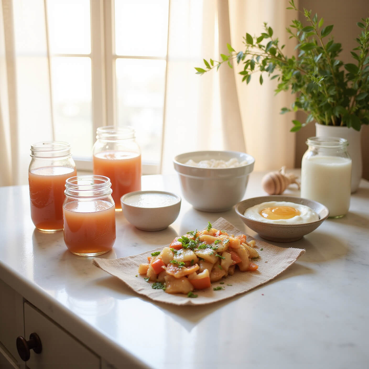 Golden hour kitchen counter with probiotic foods including kombucha, kimchi, Greek yogurt with honey, and kefir grains on white marble, softly lit through linen curtains.