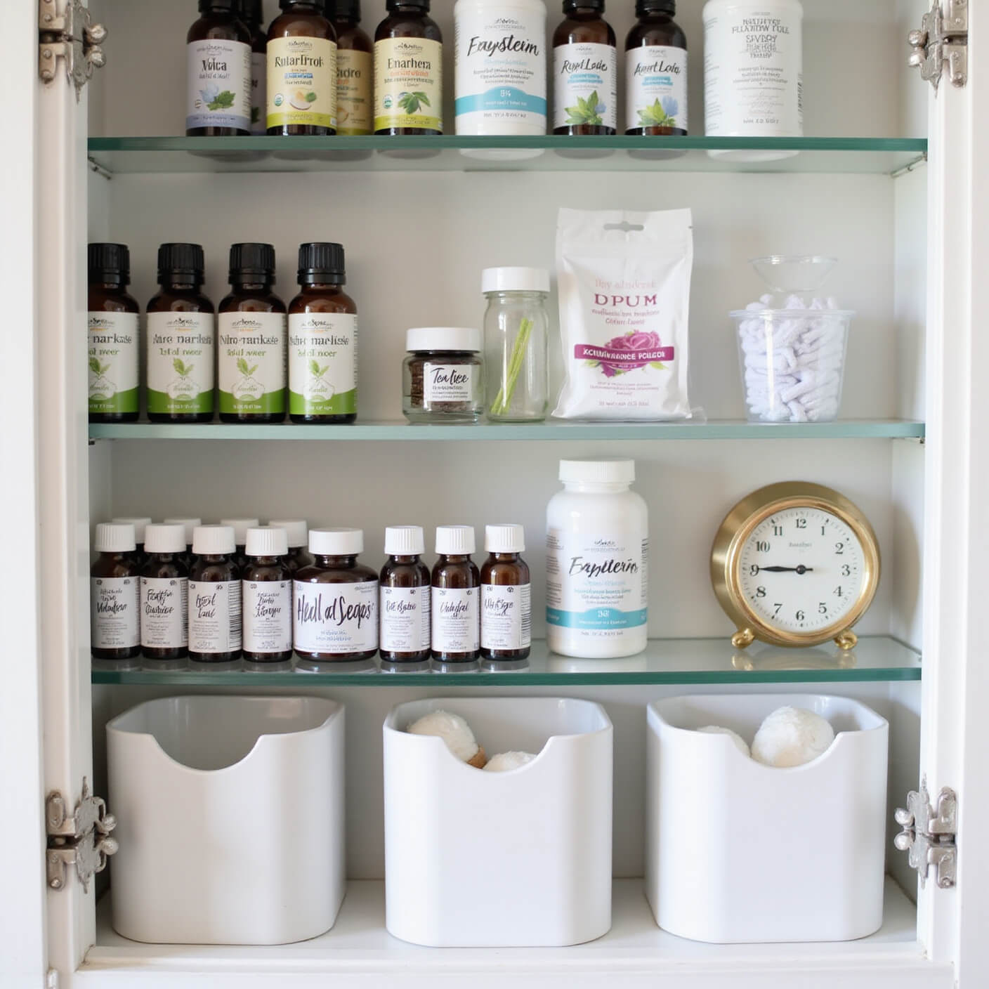 Modern wellness cabinet with essential oils, amber bottles, supplements, and white storage containers in soft light.
