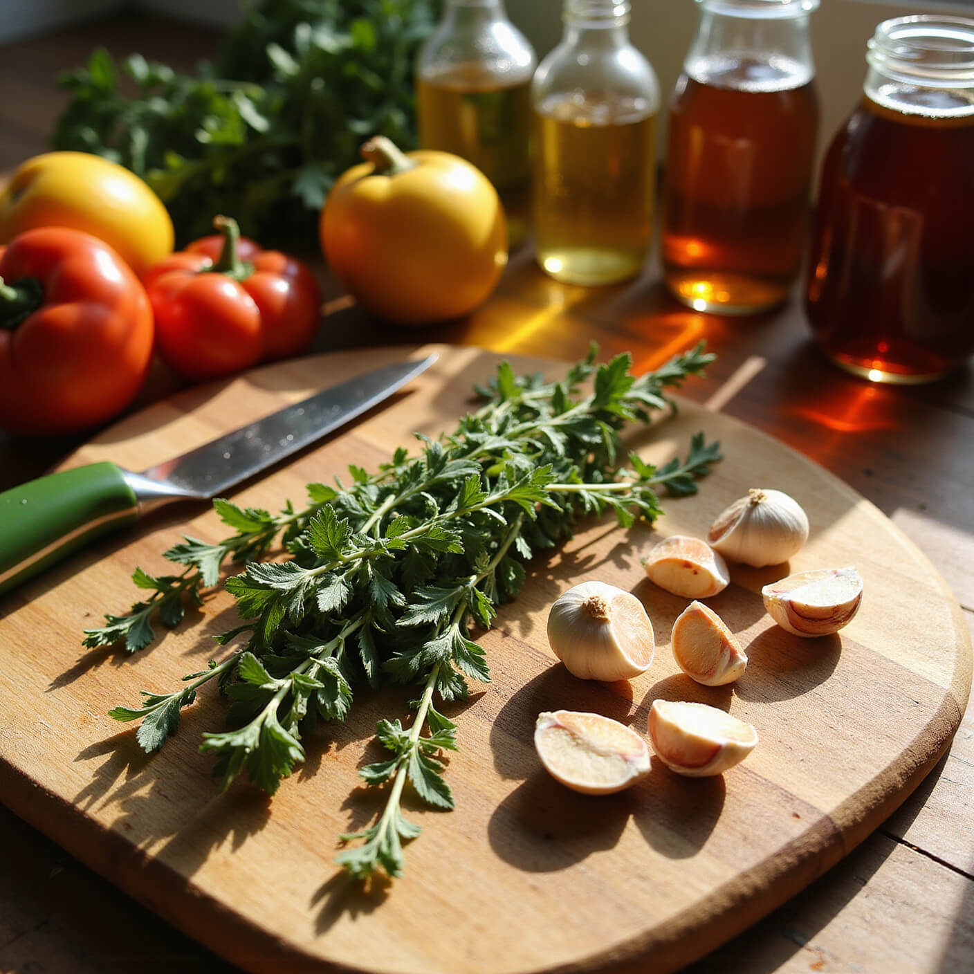 Overhead view of a sunlit kitchen scene featuring garlic, oregano, olive leaves, colorful vegetables on a wooden board, with jars of herbal teas and tinctures in the background.