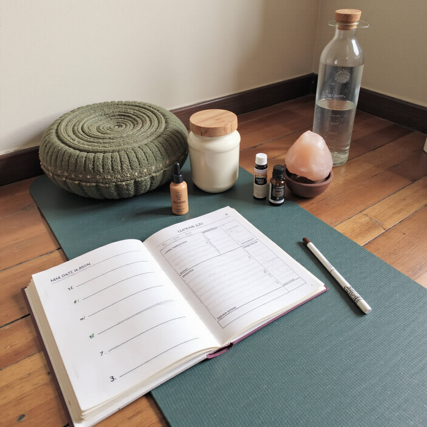 Low-angle view of a serene home office wellness corner with a meditation cushion, yoga mat, open wellness journal, ceramic water bottle, essential oil rollers, and a glowing Himalayan salt lamp bathed in warm late afternoon light.