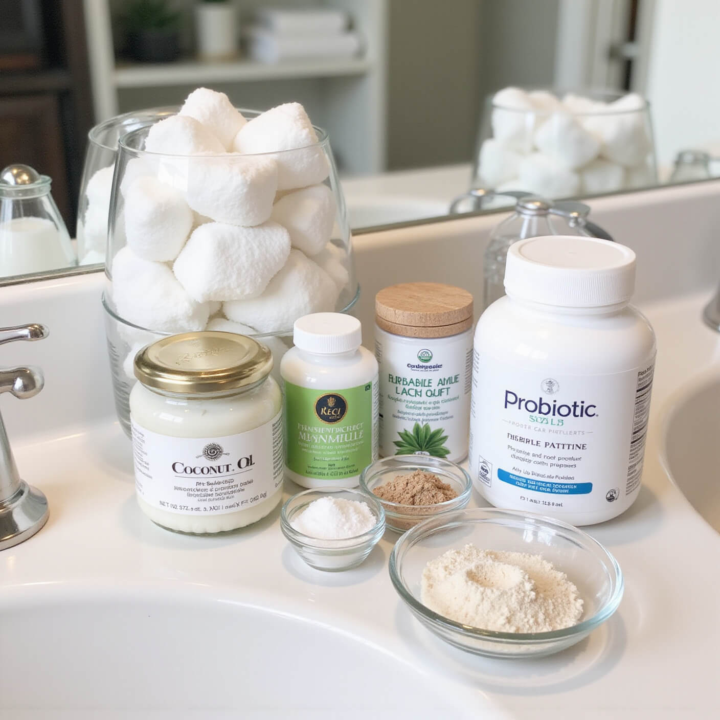 Elegant bathroom vanity with coconut oil, cotton rounds, intimate care products, probiotic supplements, and crystal containers of natural powders, in bright morning light.