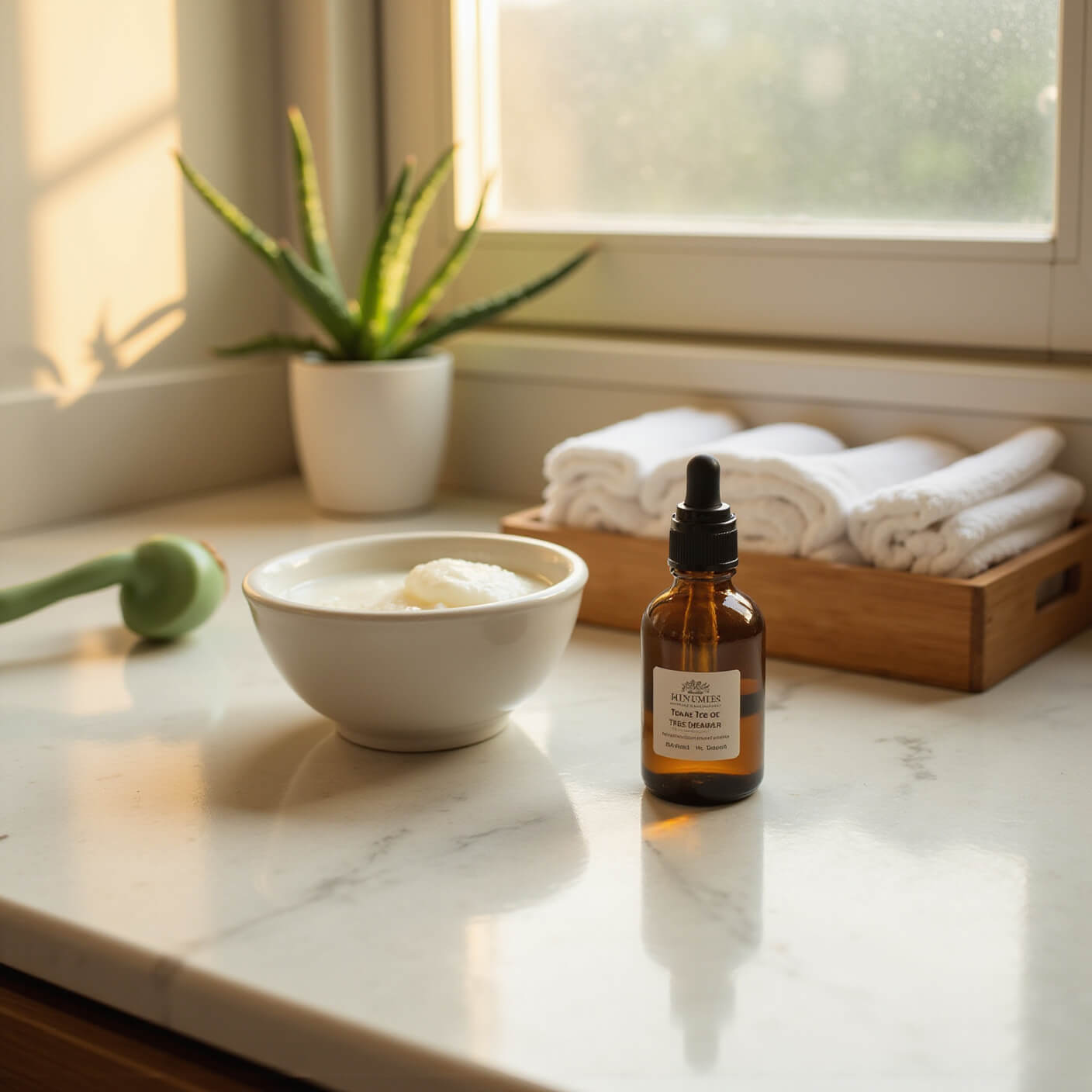 Sunlit minimalist bathroom vanity with tea tree oil, coconut oil, jade roller, and aloe plant on white marble counter during golden hour.