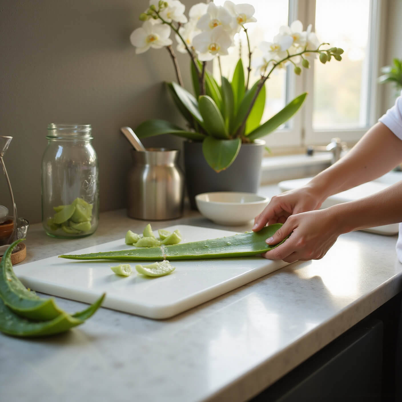 Hands preparing a fresh aloe vera leaf on a white marble cutting board in a sunlit modern kitchen, with gel, tools, and orchids in the background.