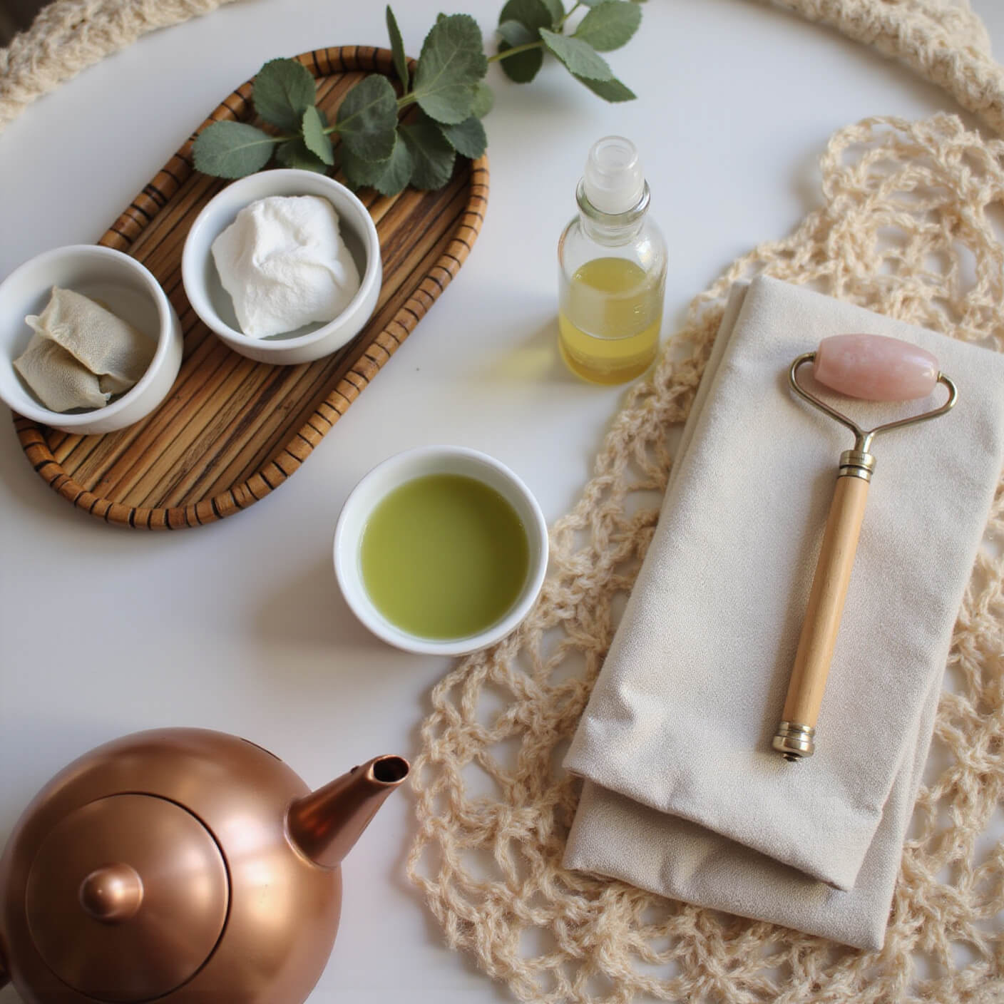 Cozy wellness station with green tea, tea toner spray, used tea bags, cotton pads, rose quartz roller, bamboo tray, rattan textures, eucalyptus sprigs, linen journal, and copper tea kettle in soft morning light.