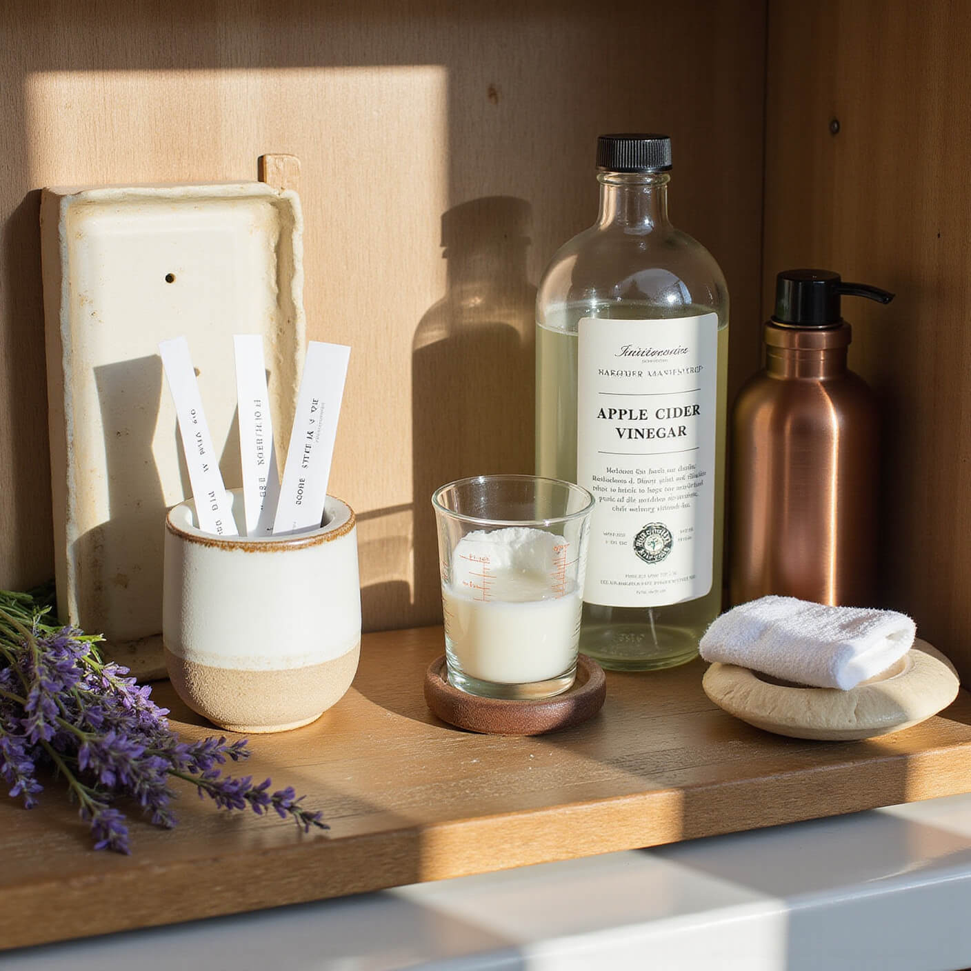 Rustic bathroom shelf with apple cider vinegar toner, pH test strips, cotton rounds in a ceramic holder, measuring glass, dried lavender, ceramic soap dish, copper spray bottle, and white linen washcloth in warm late-afternoon sunlight.